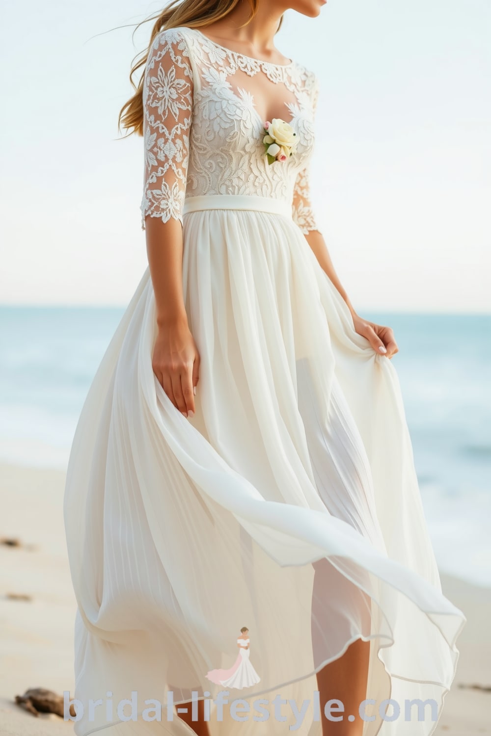 A stunning boho beach wedding dress with intricate lace overlays, flowing chiffon skirt, and delicate floral appliqués, designed for a romantic beach ceremony. bridal-lifestyle.com