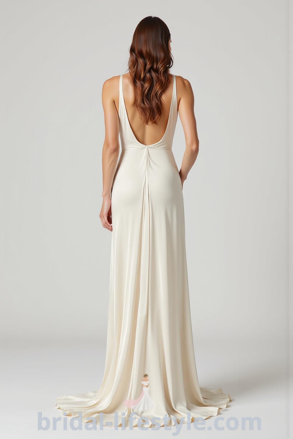 Minimalistic long wedding dress in luxurious silk with a straight silhouette, delicate boat neckline, subtle side slits, and keyhole back detail, showcased elegantly. bridal-lifestyle.com