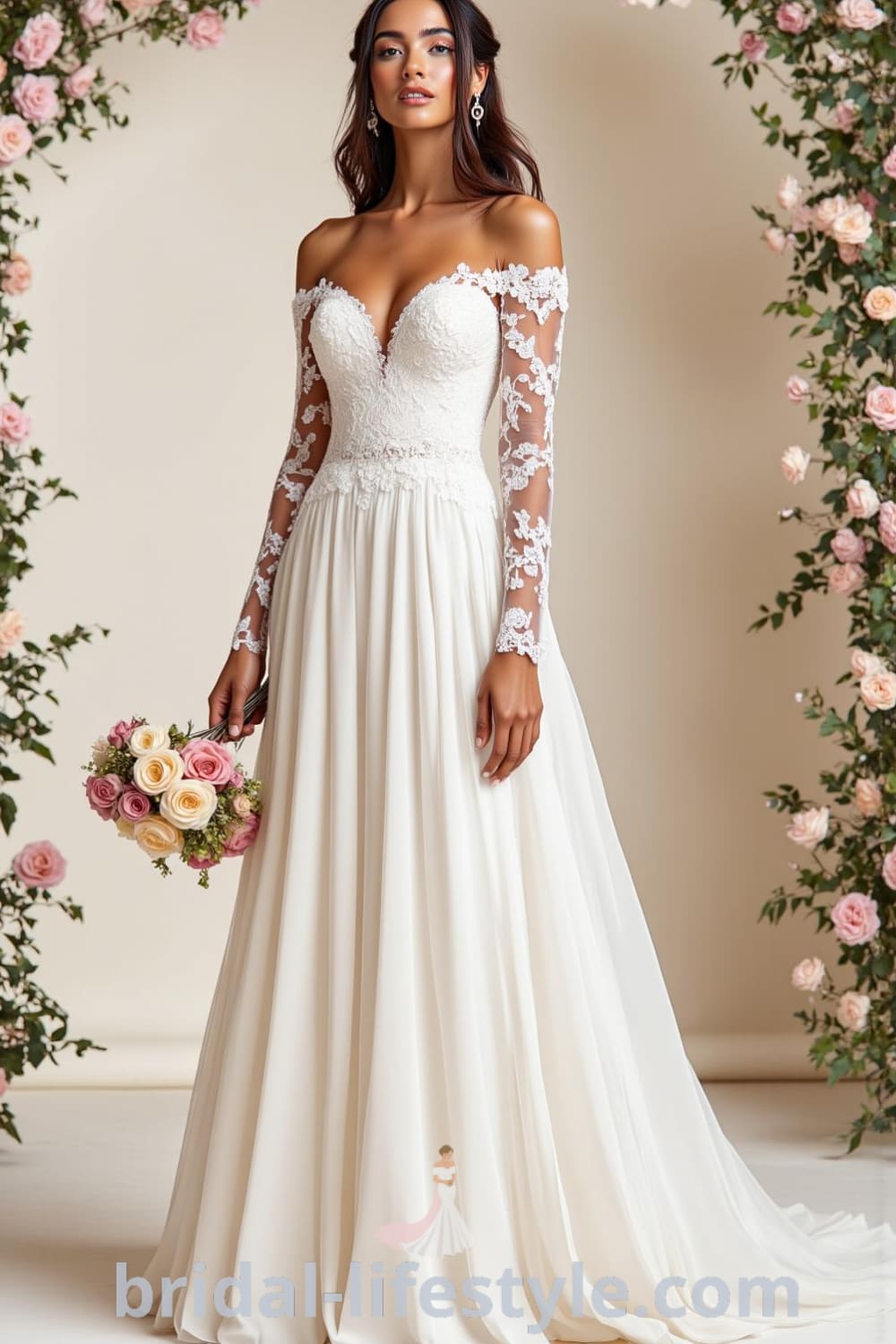 A-line wedding dress with intricate lace overlays, flowing chiffon skirt, off-shoulder neckline, floral embroidery, and a cinched waist. bridal-lifestyle.com