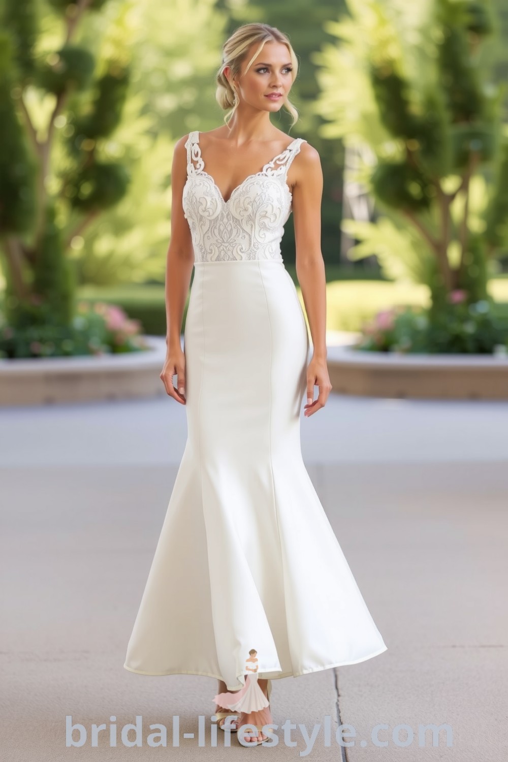 Elegant mermaid midi wedding dress in luxurious satin with intricate lace bodice detailing, flaring playful skirt, perfect for stylish celebrations. bridal-lifestyle.com