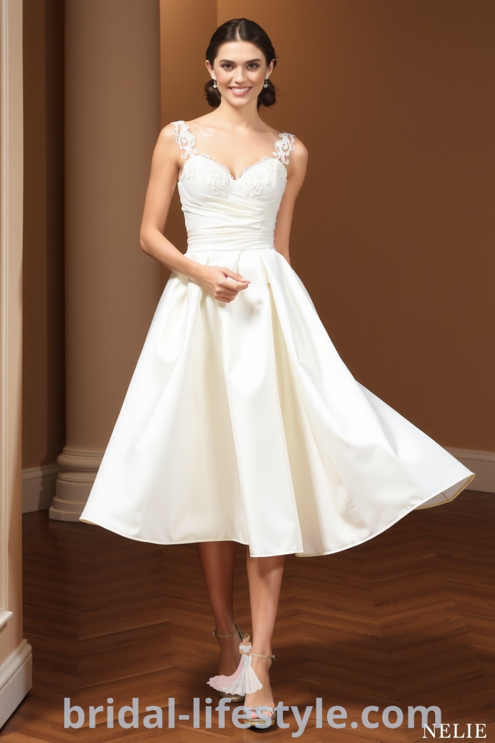 Charming short satin wedding dress with sweetheart neckline, delicate lace appliqué, and flared skirt ideal for dancing. bridal-lifestyle.com