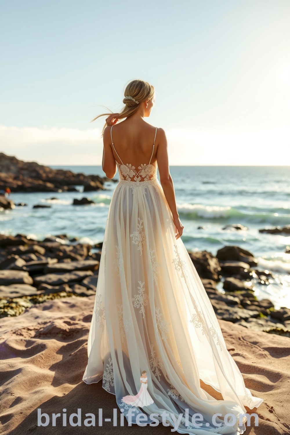 Boho beach wedding dress with layers of lace and chiffon, A-line silhouette, floral embroidery, and delicate straps. bridal-lifestyle.com