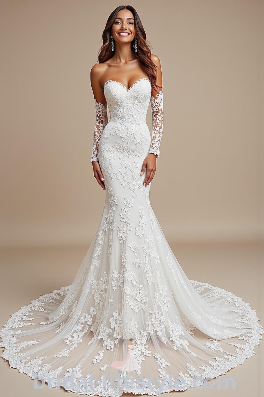 Mermaid wedding dress with delicate lace, sweetheart neckline, sheer lace sleeves, and a captivating train featuring scalloped edges. bridal-lifestyle.com