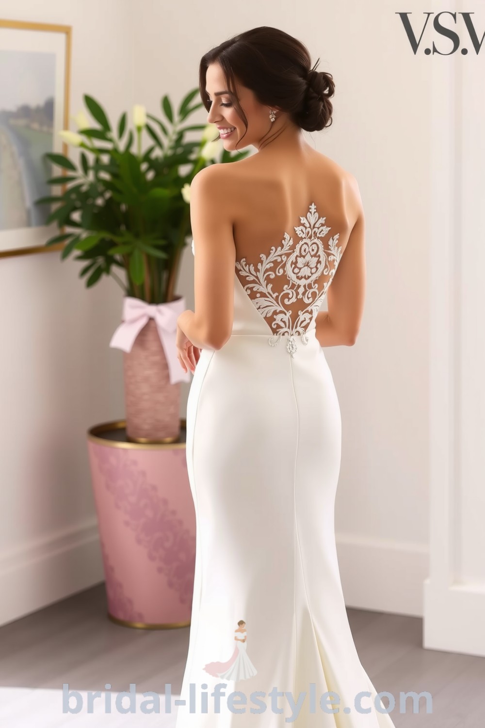 Fit and flare wedding dress in satin with open back and lace detailing, gently flaring at the knee and featuring a delicate train. bridal-lifestyle.com