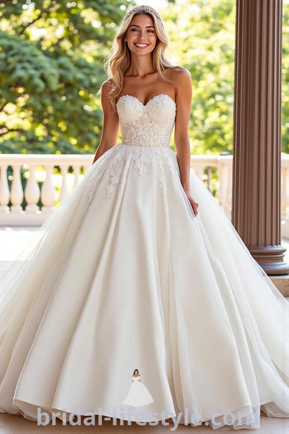 Princess ballgown made of luxurious satin with a voluminous skirt, sweetheart neckline adorned with lace appliqués and beads, and soft tulle layers. bridal-lifestyle.com
