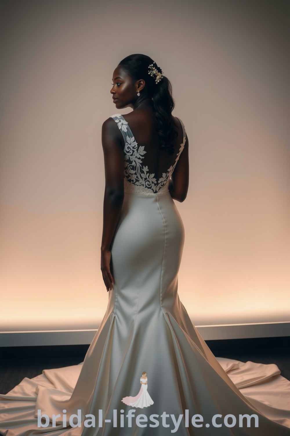 Fit and flare wedding dress in luxurious satin fabric with an open back and intricate lace detailing, designed to enhance the bride