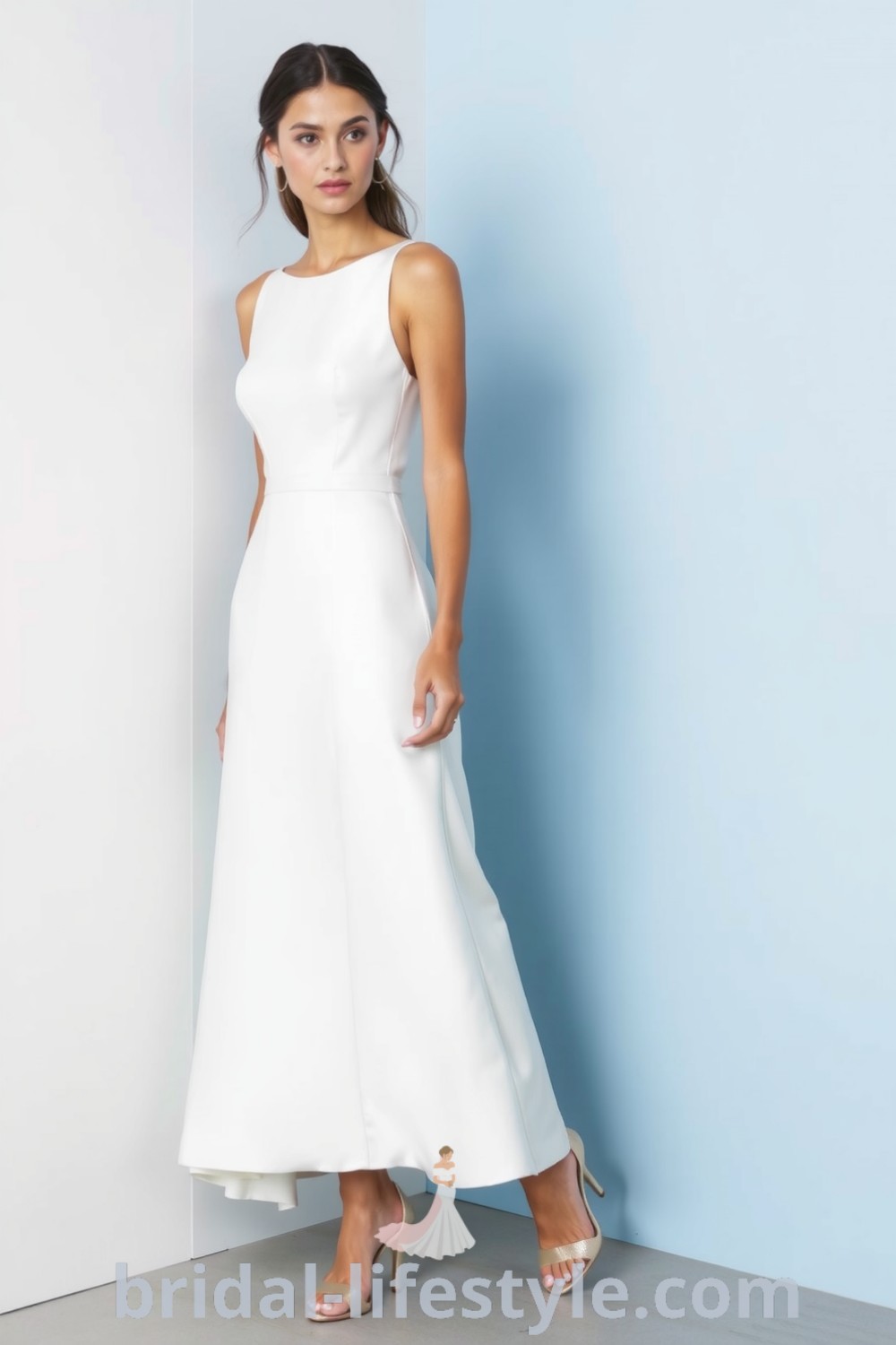 Minimalist A-line wedding dress made of smooth satin featuring a sleeveless design and boat neckline, accented by a softly draped waist. bridal-lifestyle.com