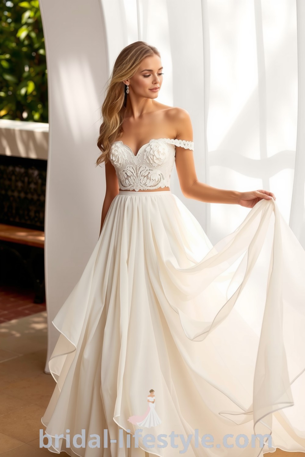 Boho wedding dress featuring off-shoulder crop top with floral appliqués and A-line chiffon skirt, perfect for dreamy brides and romantic outdoor ceremonies. bridal-lifestyle.com