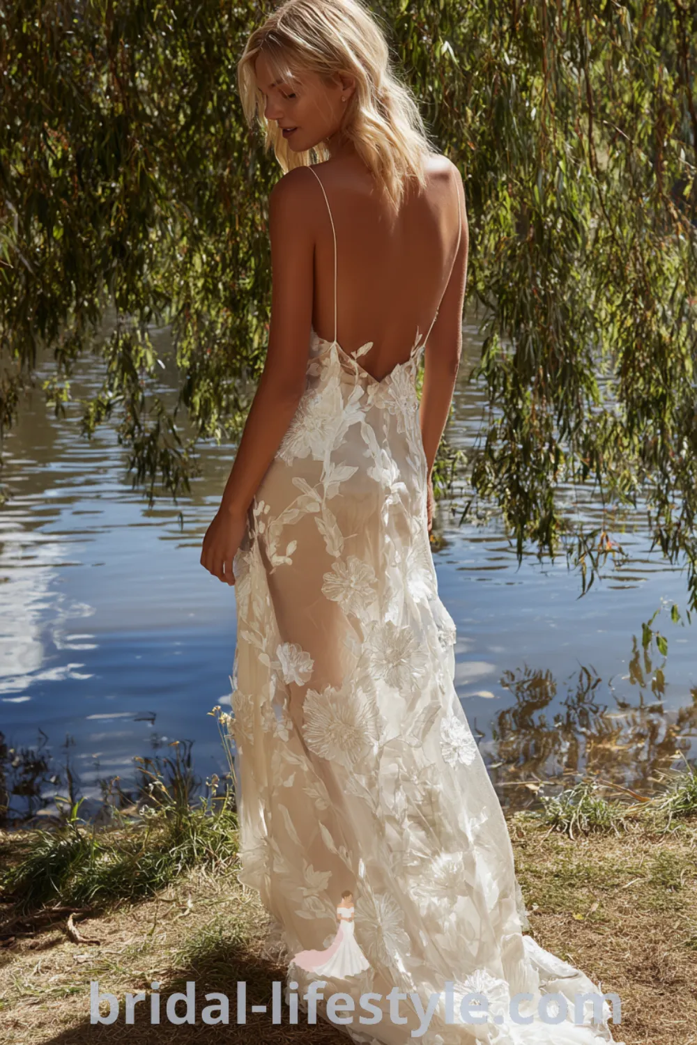 Bohemian floral bridal gown with sheer lace overlay, romantic boho wedding dress, ethereal floral details, dreamy outdoor wedding atmosphere.