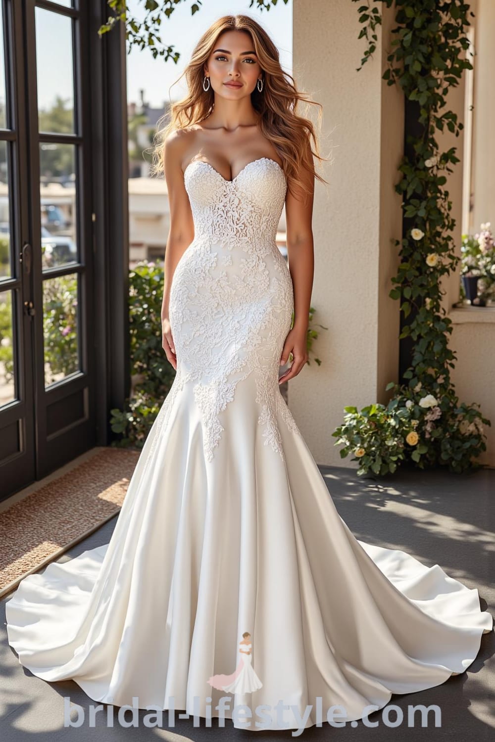 Mermaid wedding dress made of luxurious satin fabric featuring intricate lace appliqués, a sweetheart neckline, and a flared skirt with an enchanting train. bridal-lifestyle.com