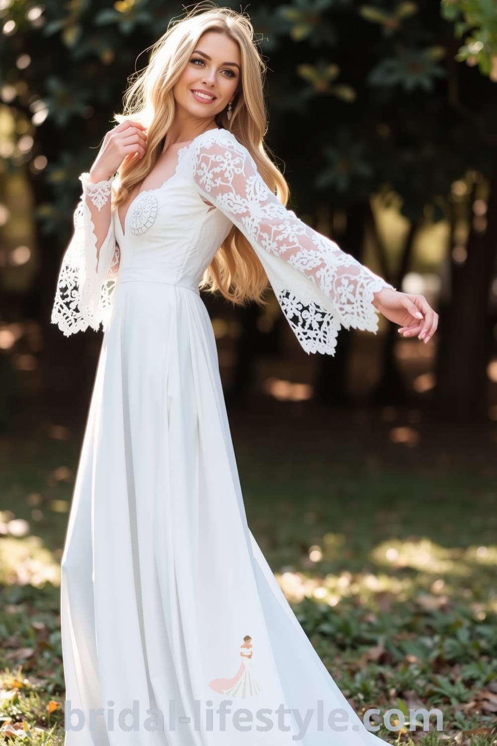 Serene Boho long sleeve lace wedding dress with intricate detailing, scalloped edges, and flowing silhouette, set in an outdoor celebration. bridal-lifestyle.com