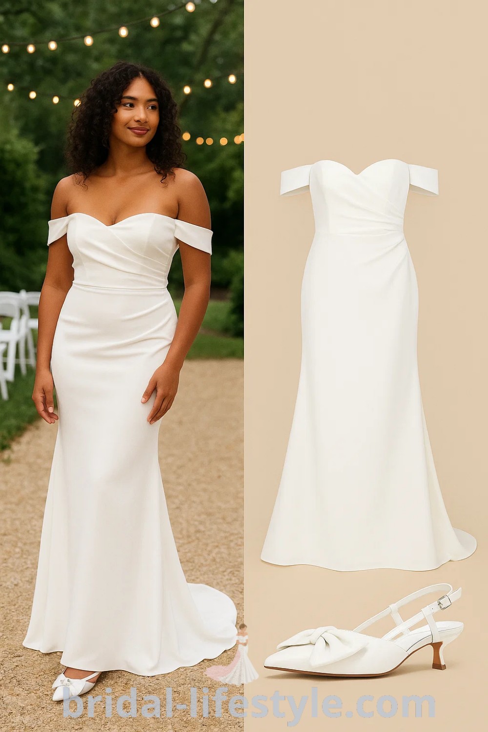 off-shoulder white evening gown with bow detail slingback heels, featuring a fitted silhouette and flared bottom, ideal for weddings and formal events, found on pinshoesoutfits.com.
