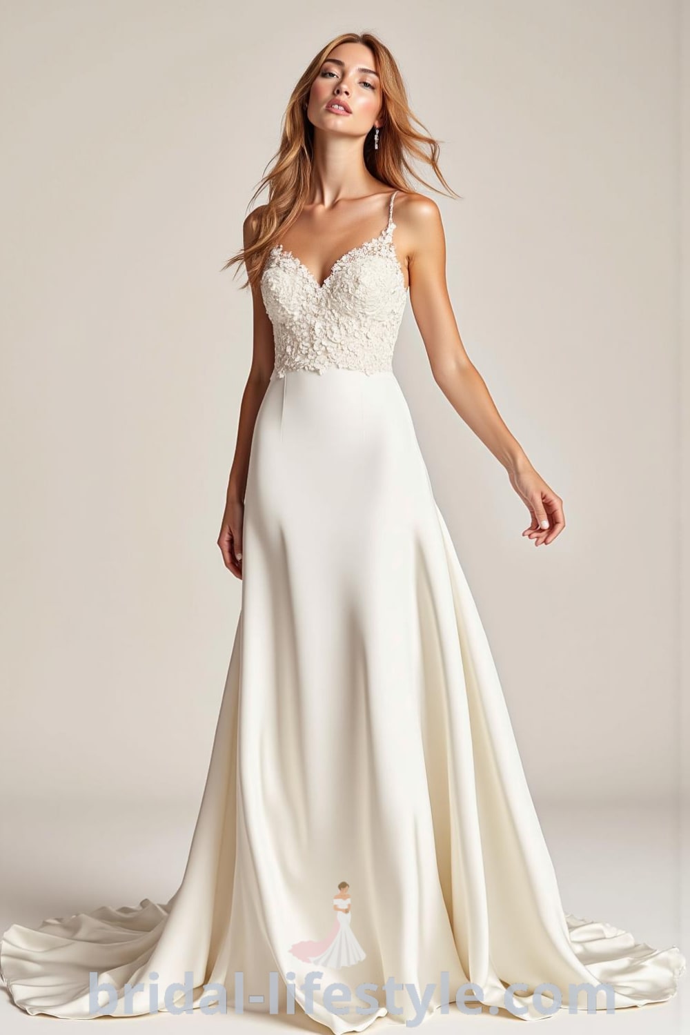 A-line satin wedding dress with a fitted bodice, floral appliqué detailing, flowing skirt, and sweeping train, capturing light beautifully for a romantic celebration. bridal-lifestyle.com