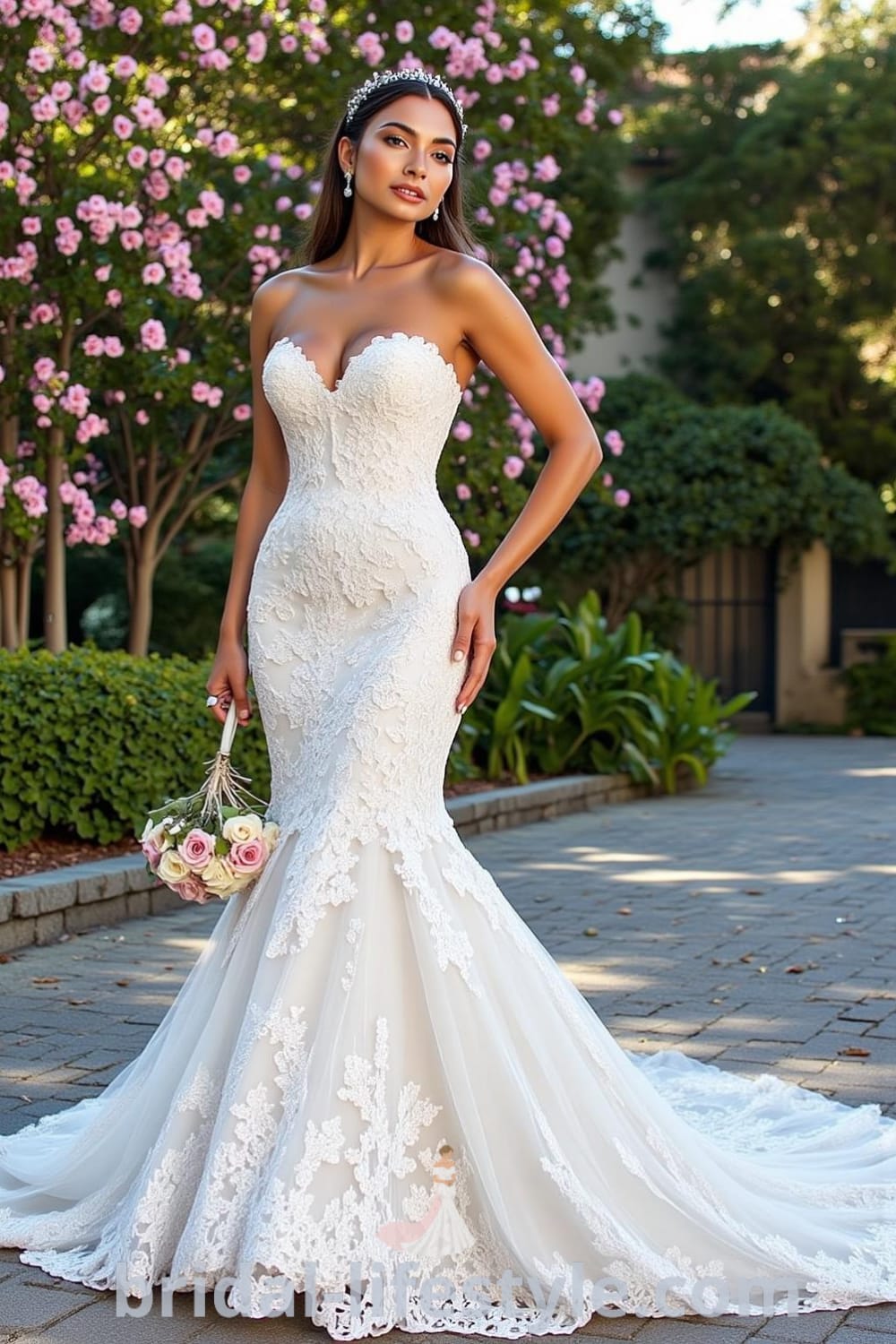 A mermaid wedding dress featuring intricate lace appliqués, a strapless sweetheart neckline, a fitted skirt, a dramatic train, and detachable tulle overlays, designed for a Latina bride. bridal-lifestyle.com