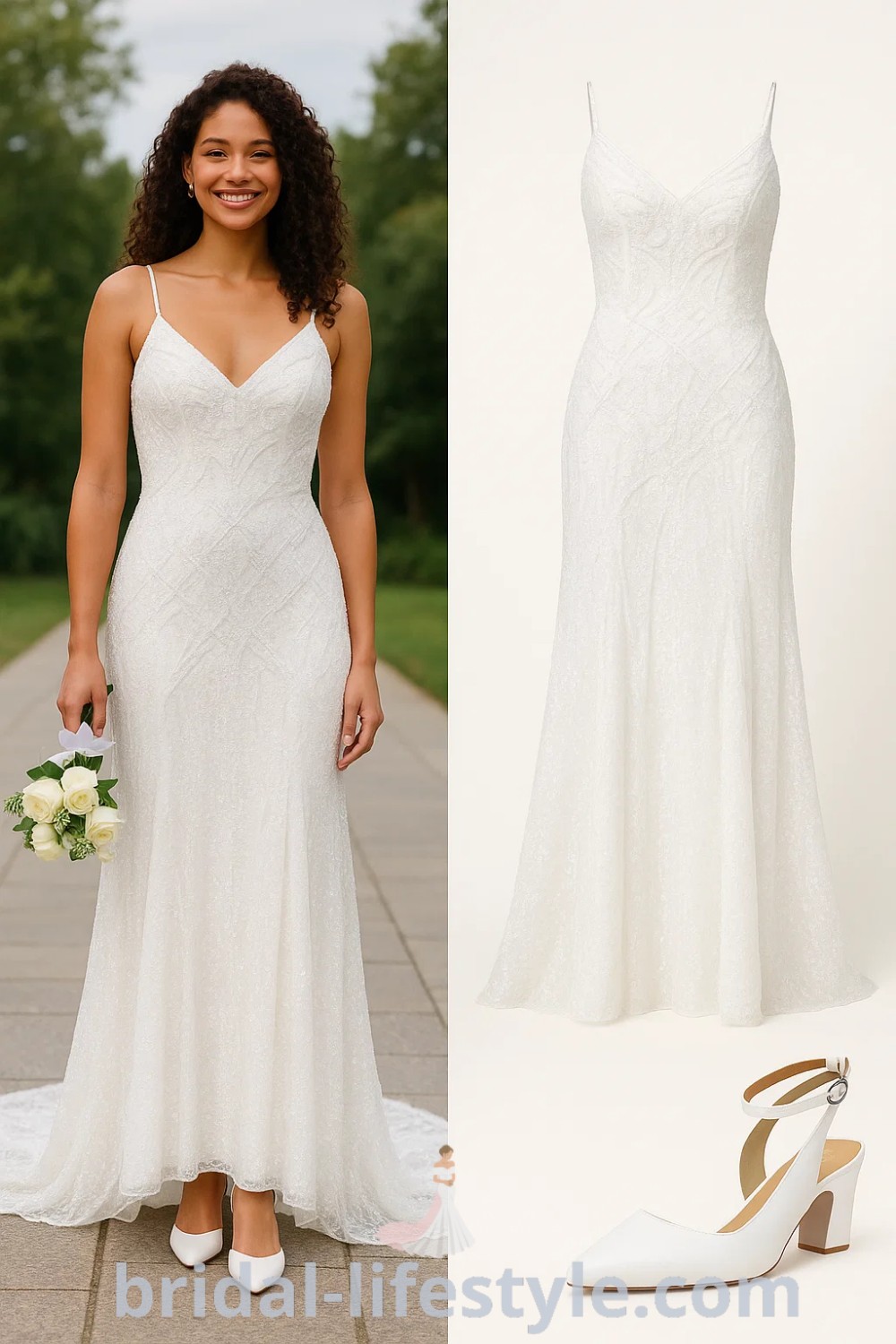 White Mermaid Tail wedding dress with a fitted bodice and flowing skirt, paired with white heels and an elegant floral bouquet from pinshoesoutfits.com. Perfect for whimsical brides and garden weddings, this gown embodies classic romance, elegance, and sophistication, making it an ideal choice for formal events and bridal showers.