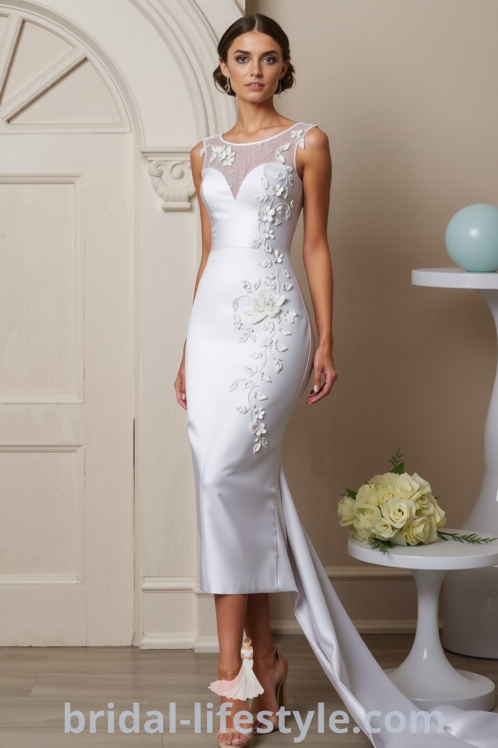 Chic mermaid wedding dress in luxurious satin featuring floral lace appliqués, designed for modern celebrations. bridal-lifestyle.com