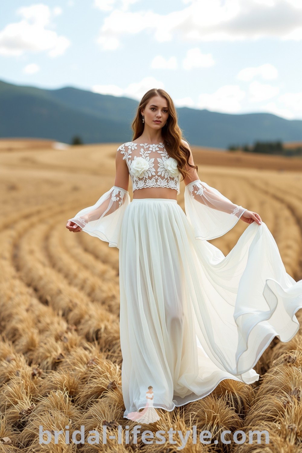 Boho wedding dress featuring a lace crop top with floral detailing, soft bell sleeves, and a flowing chiffon skirt, ideal for free-spirited brides seeking elegant inspiration for their special day. bridal-lifestyle.com