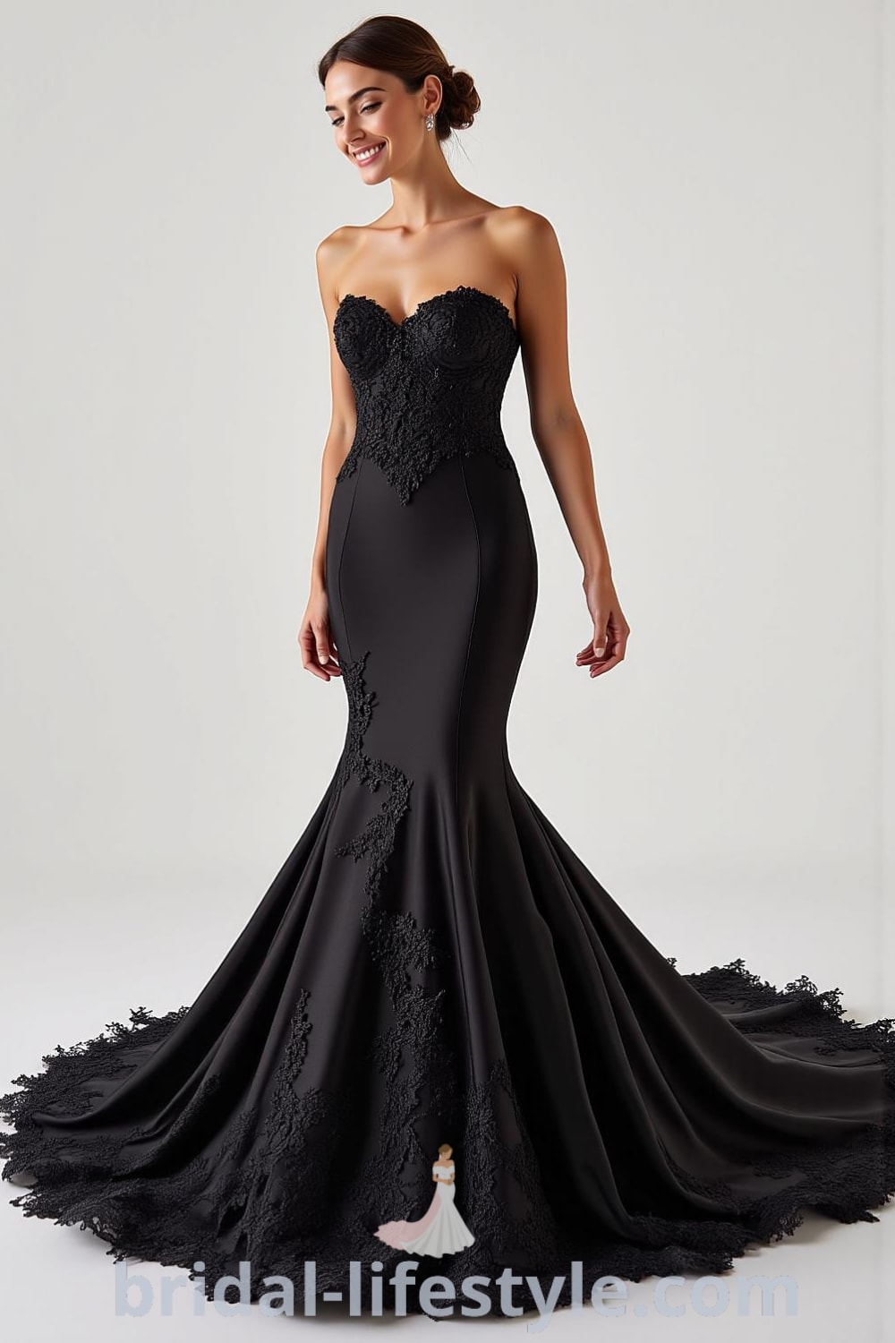 Mermaid wedding dress in black satin with lace appliqués, sweetheart neckline, and sheer lace paneling, featuring a dramatic train. pinshoesoutfits.com
