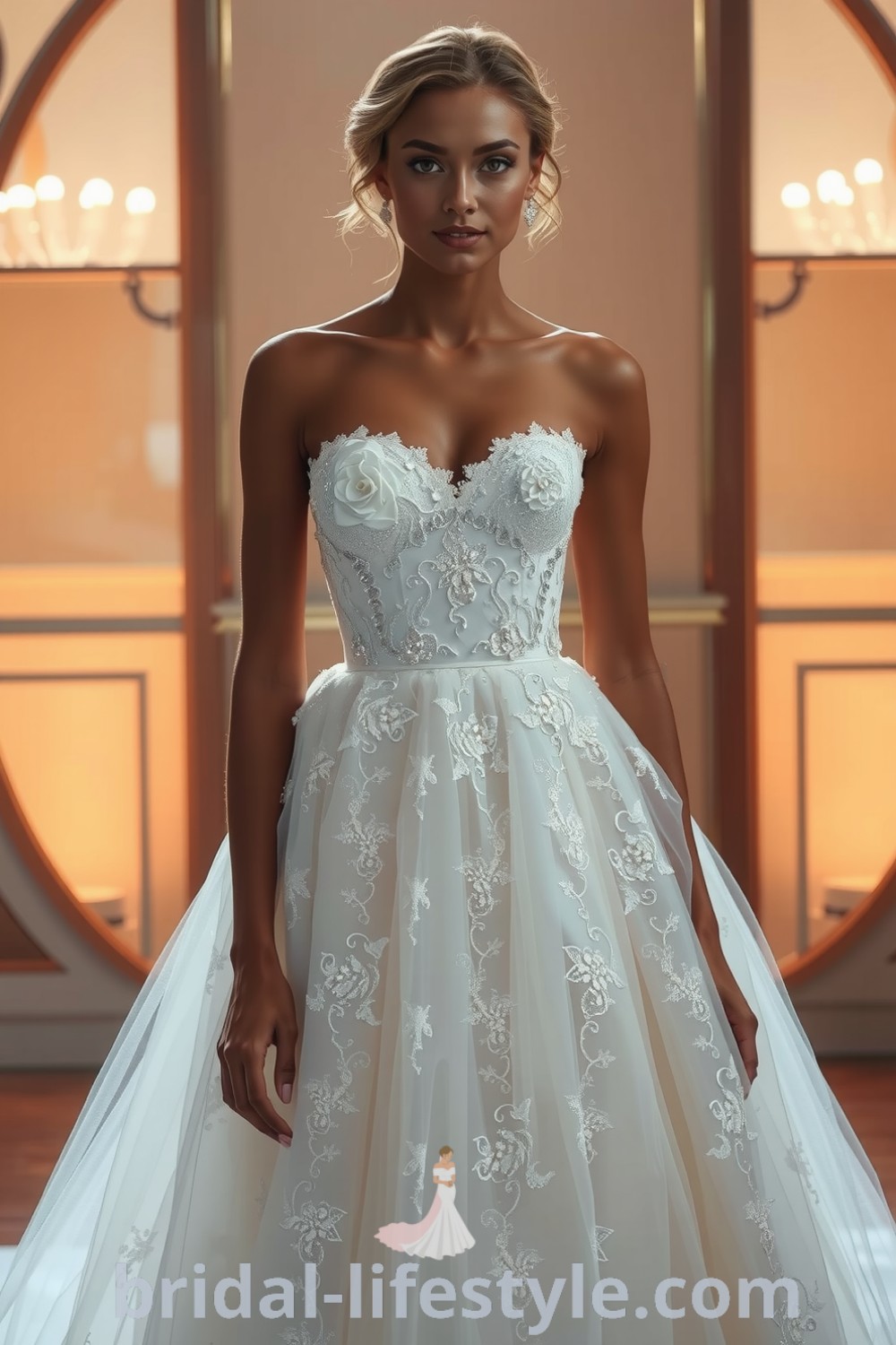 Enchanting glittering princess wedding dress with layers of tulle, intricate lace appliqué, and twinkling sequins, perfect for dreamy brides on their special day. bridal-lifestyle.com
