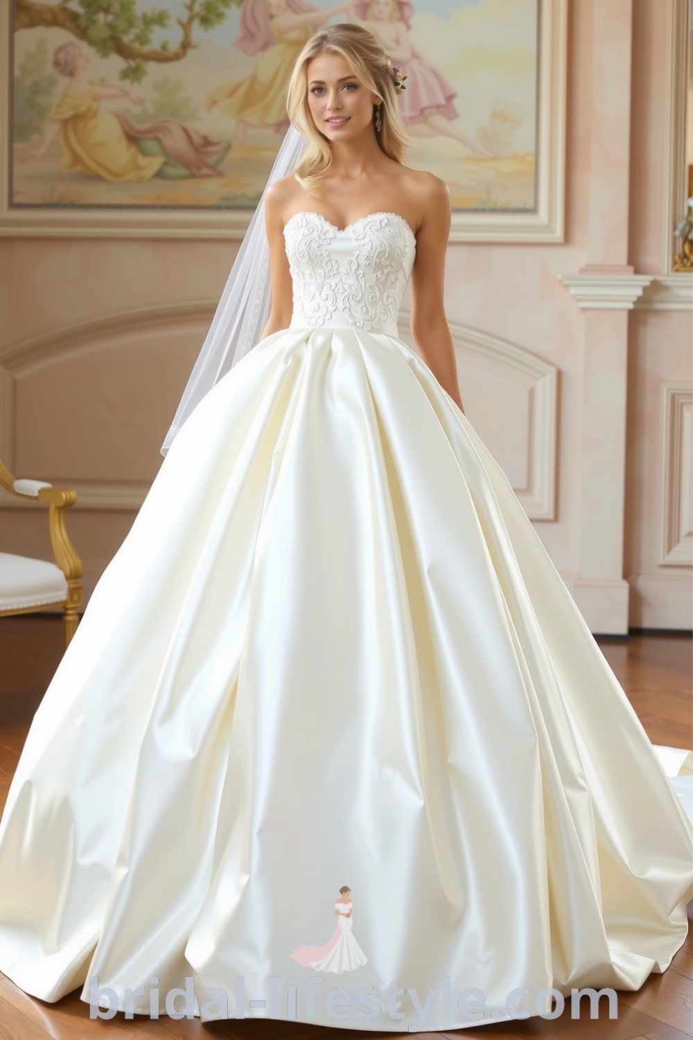 A satin princess wedding dress with a sweetheart neckline and lace appliqués, featuring a voluminous skirt that flows elegantly. bridal-lifestyle.com