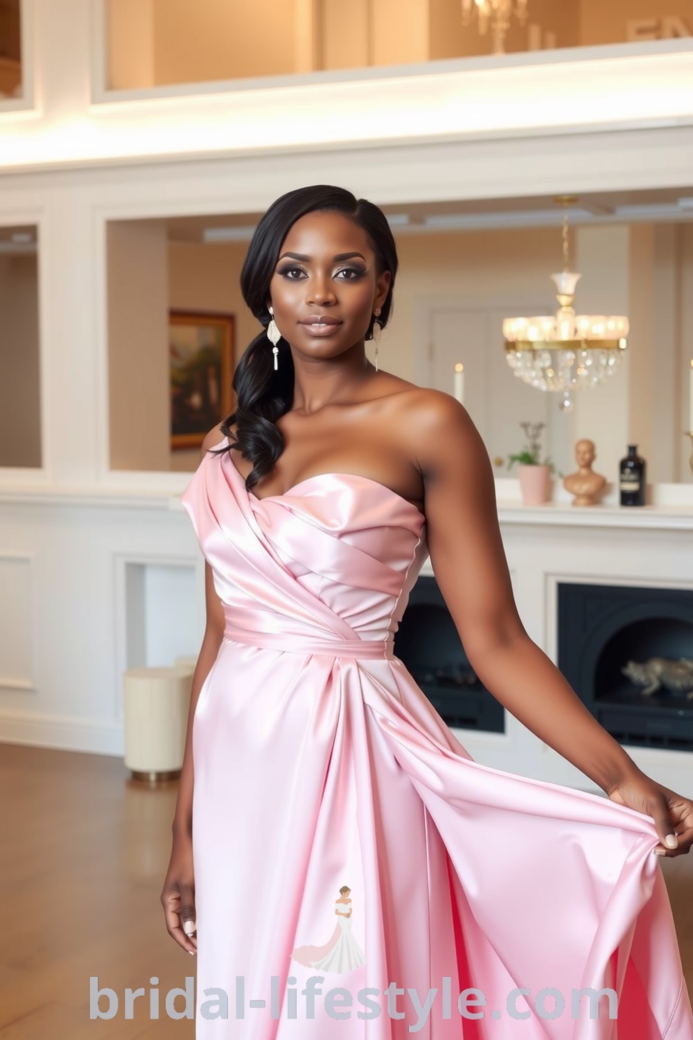 One-shoulder pink bridesmaid dress made of luxurious satin, featuring an elegant silhouette and delicate ruching at the waist, perfect for dreamy brides and special celebrations. bridal-lifestyle.com