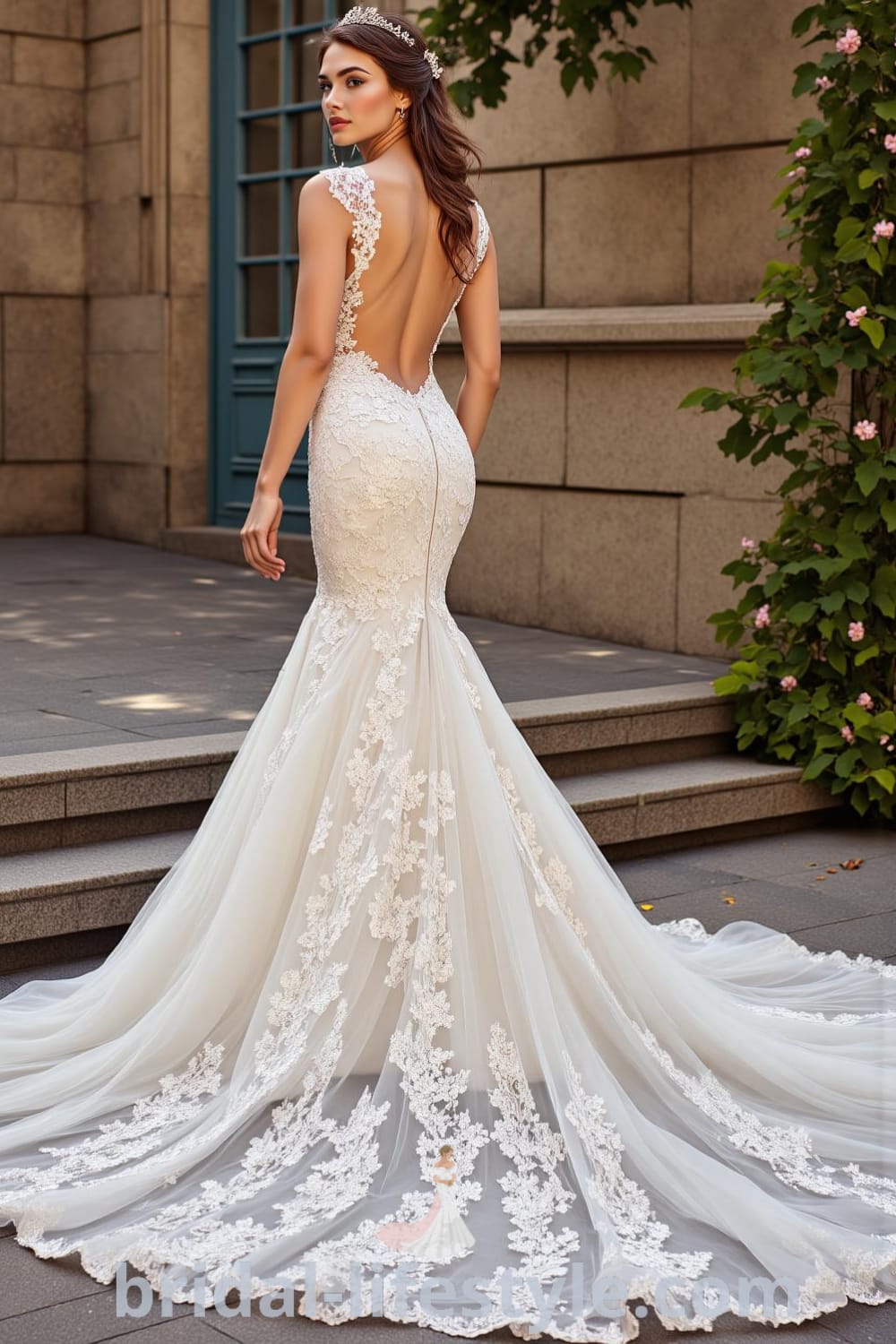 Mermaid wedding dress featuring intricate lace appliqués, sweetheart neckline, cap sleeves, and a dramatic train, adorned with sequins for added glamour. bridal-lifestyle.com