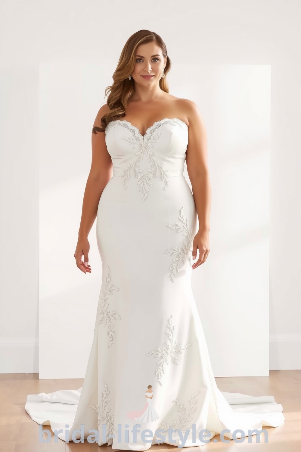 Fit and flare plus size wedding dress made of soft satin with intricate lace appliqués, sweetheart neckline, and a subtle train, designed for an elegant bridal look. bridal-lifestyle.com