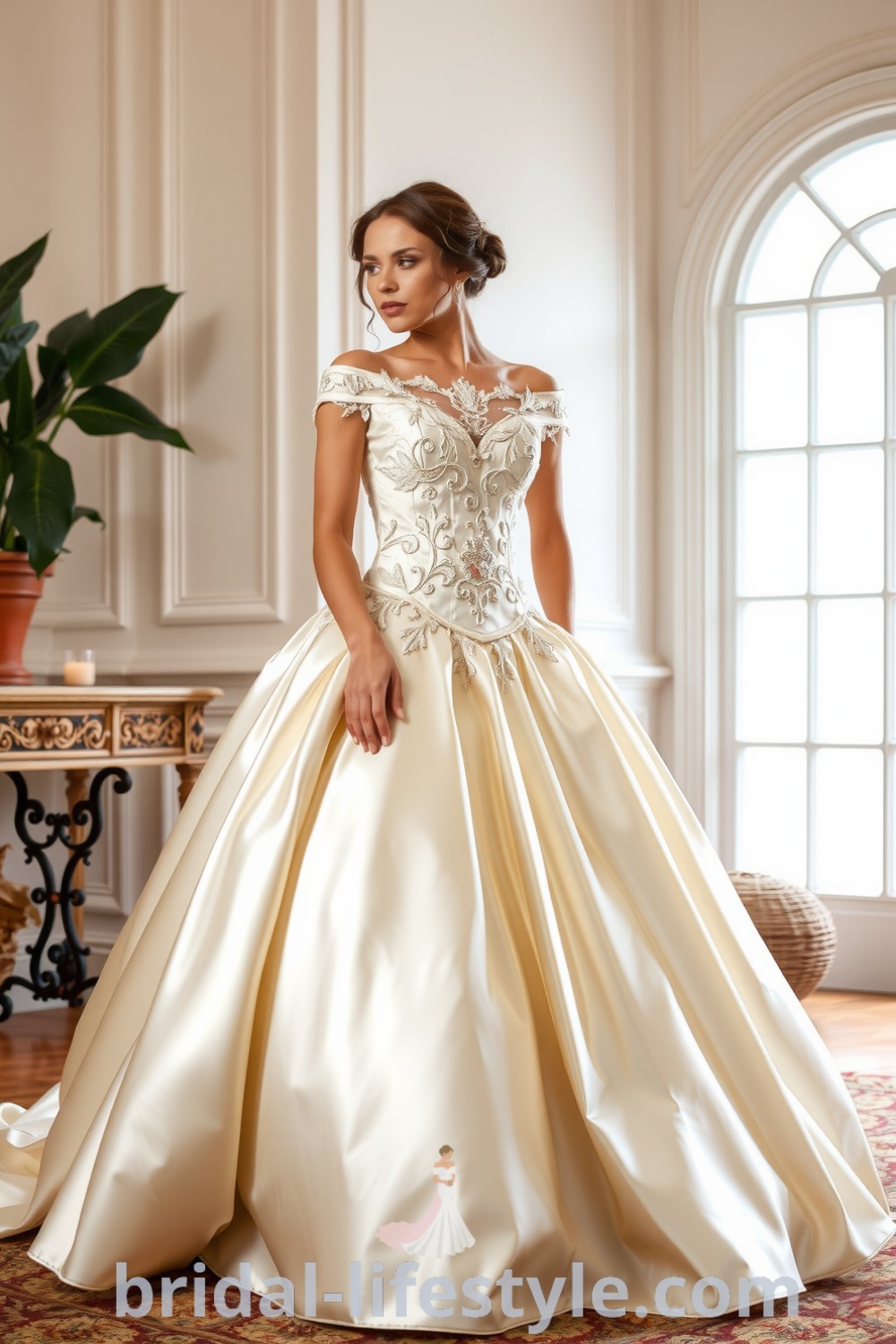 Stunning off-the-shoulder bridal gown made of silk satin, featuring a voluminous skirt and intricate lace bodice with floral motifs, perfect for dreamy brides seeking elegance and inspiration for the special day. bridal-lifestyle.com