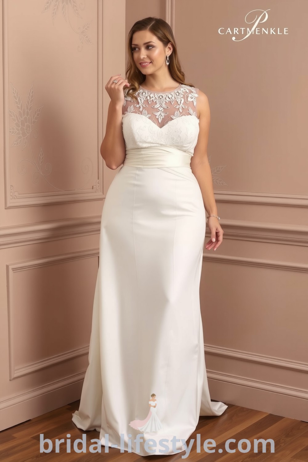 Plus-size fit and flare wedding dress with lace overlays, shimmering satin beneath, and intricate beadwork on the neckline. bridal-lifestyle.com