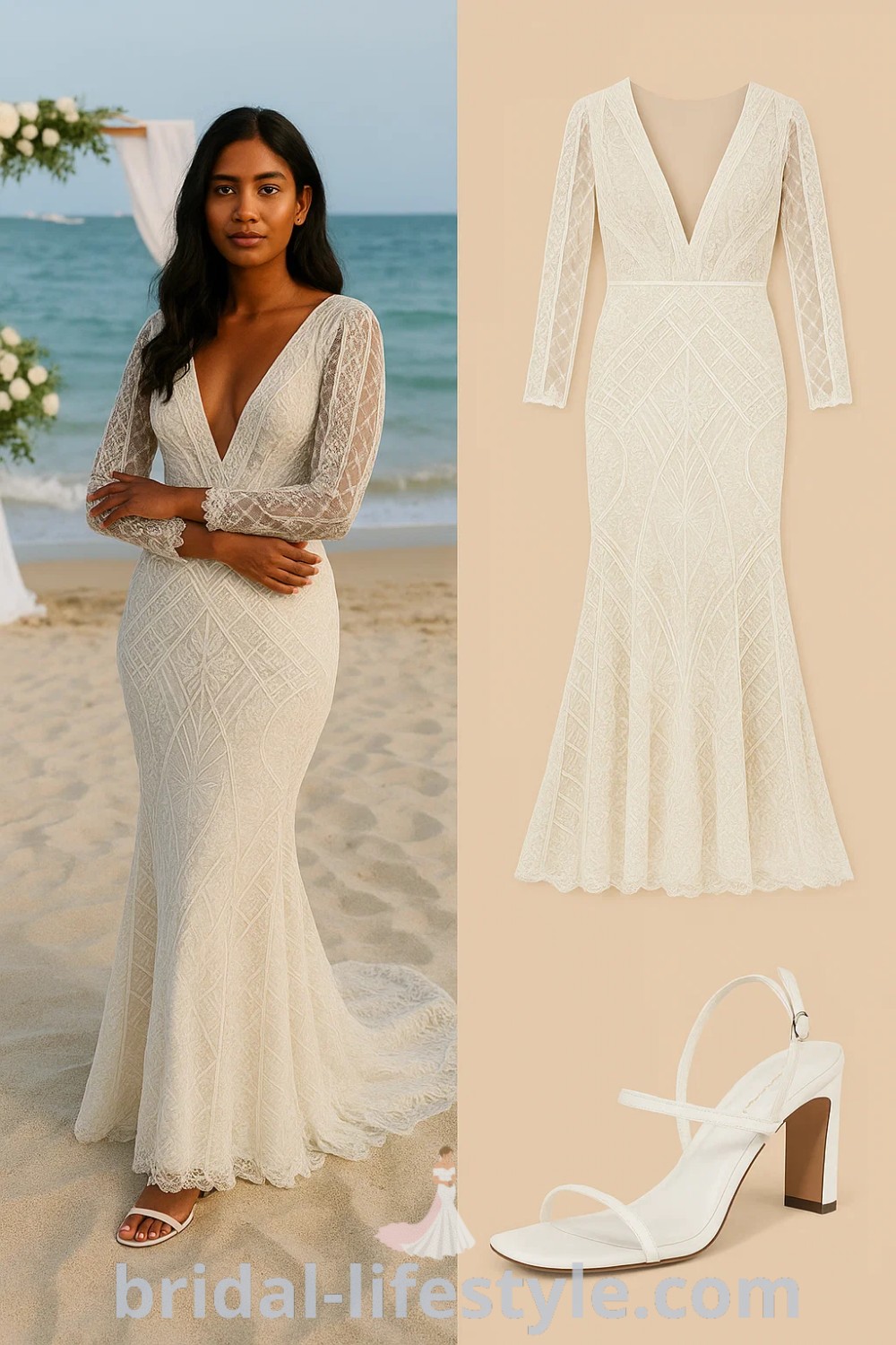 ivory lace wedding dress with long sleeves, V-neck, and strappy white heel sandals for a Boho Beach wedding style, perfect for romantic events. Explore more at pinshoesoutfits.com.