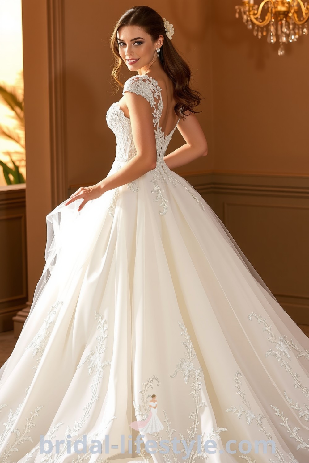 A stunning Princess Glitter wedding dress with a fitted lace bodice, voluminous tulle skirt, and sparkling sequins, perfect for dreamy brides seeking elegance for their special day. bridal-lifestyle.com