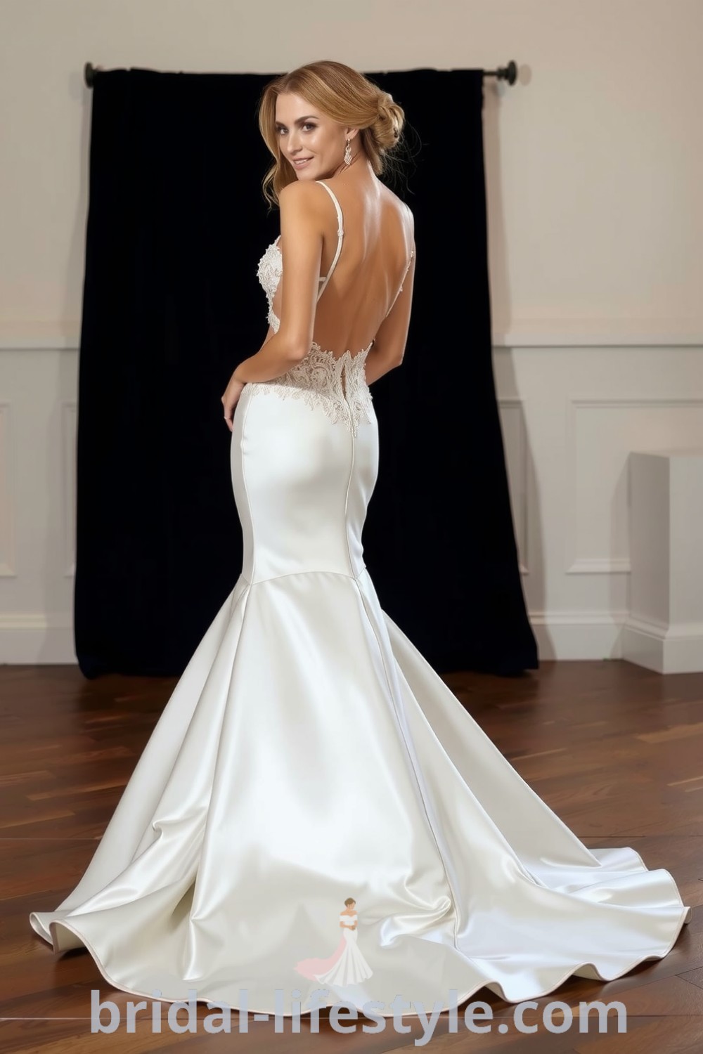 Mermaid wedding dress in luxurious satin with intricate lace detailing on the bodice and a dramatic open back, perfect for modern brides seeking elegance and allure. bridal-lifestyle.com