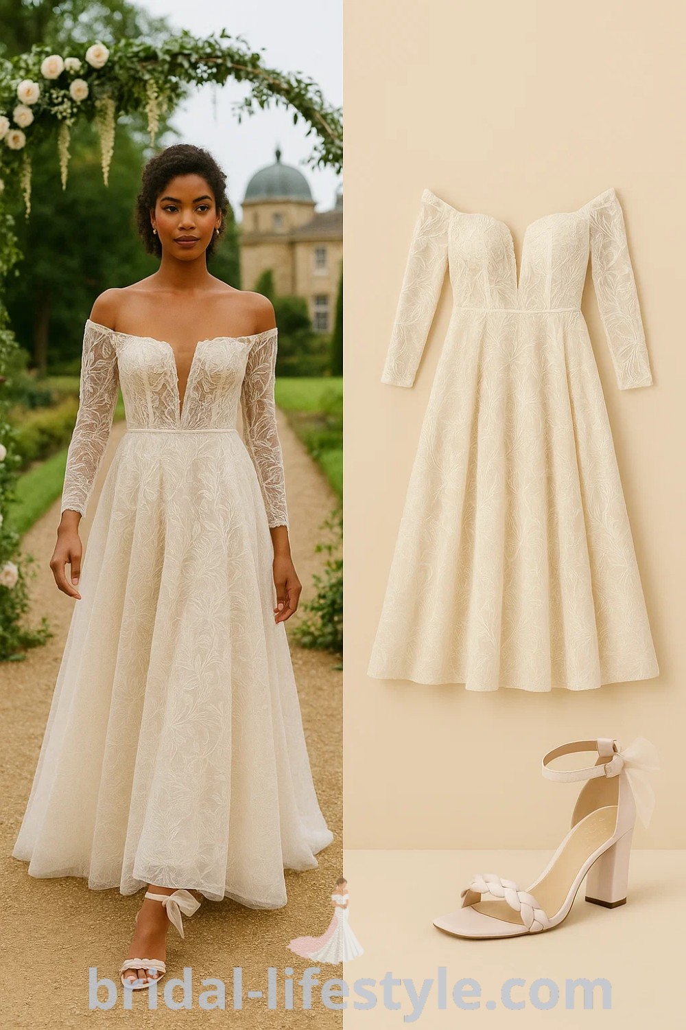 ivory A-Line Lace wedding dress with off-shoulder long sleeves, flowing skirt, and floral patterns complemented by blush pink block heel shoes, perfect for a wedding or formal event, featured on pinshoesoutfits.com.