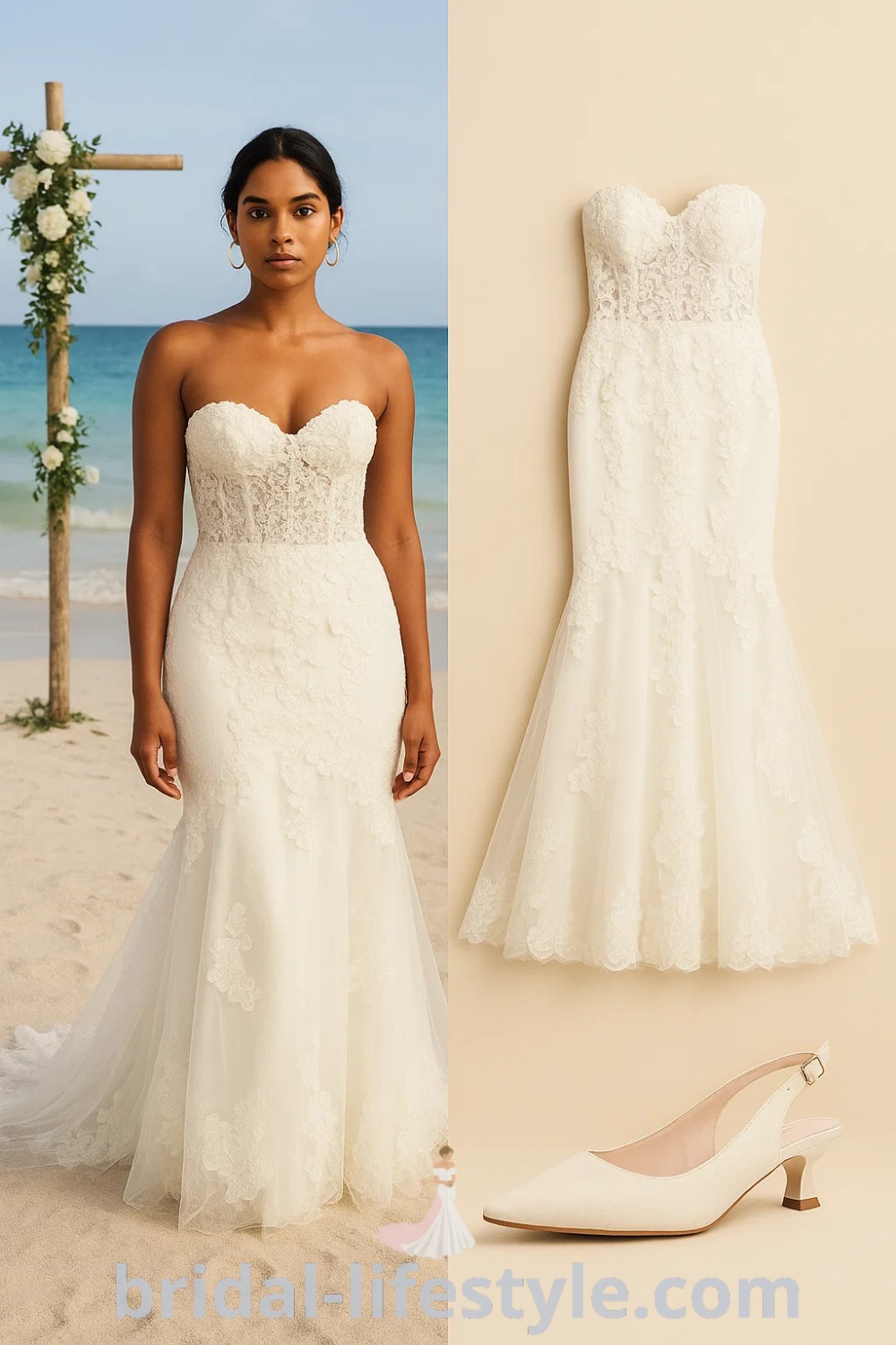 elegant ivory strapless wedding gown with lace detailing, mermaid silhouette, light ivory slingback heels, the perfect boho wedding dress for beach and casual events, detailed for pinshoesoutfits.com.