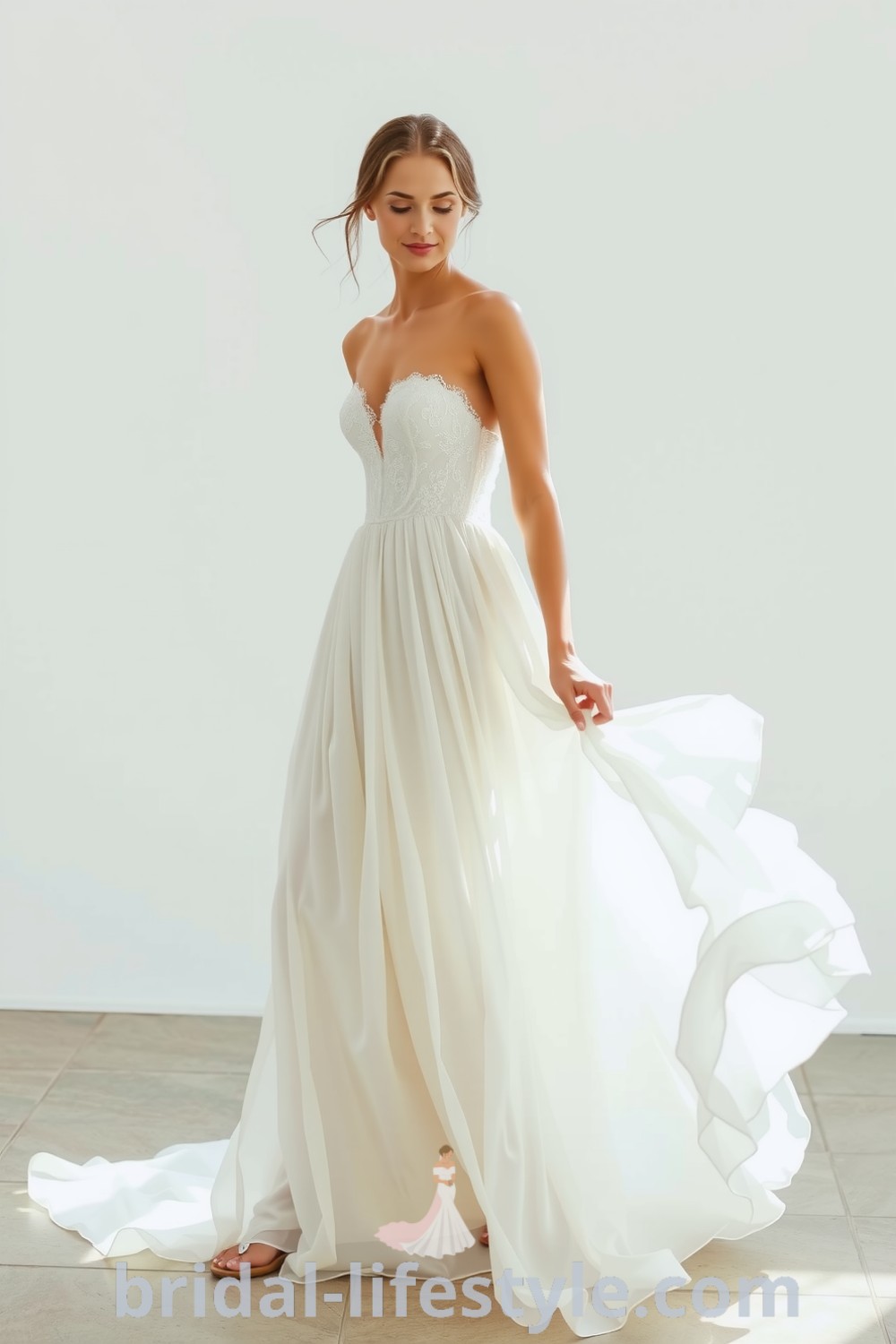 Stunning boho wedding dress made of flowing chiffon with lace detailing, cascading layers, and a graceful silhouette, perfect for a dreamy bride. bridal-lifestyle.com