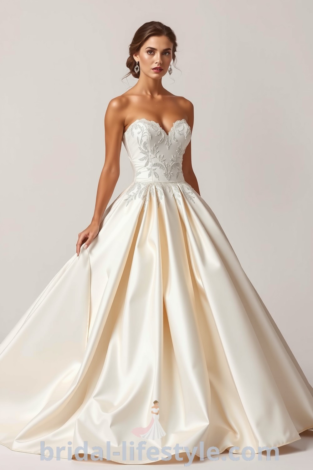 Beautiful satin princess wedding gown with voluminous layers, sweetheart neckline adorned with lace appliqués, and cascading skirt for a timeless romantic aesthetic. bridal-lifestyle.com