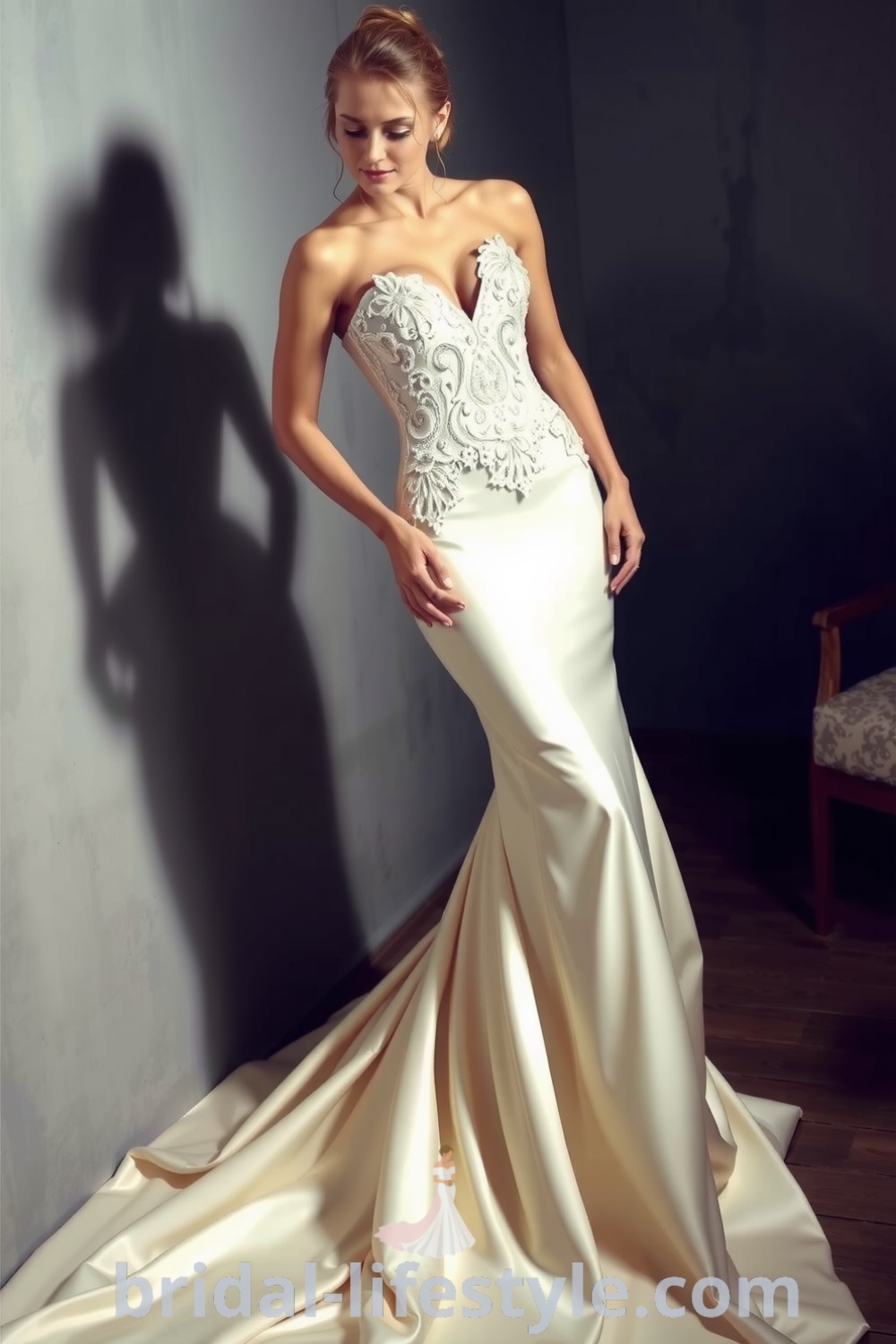 Mermaid wedding dress made of satin with a fitted bodice adorned with lace appliqués and a detachable skirt that transforms into a dramatic train. bridal-lifestyle.com
