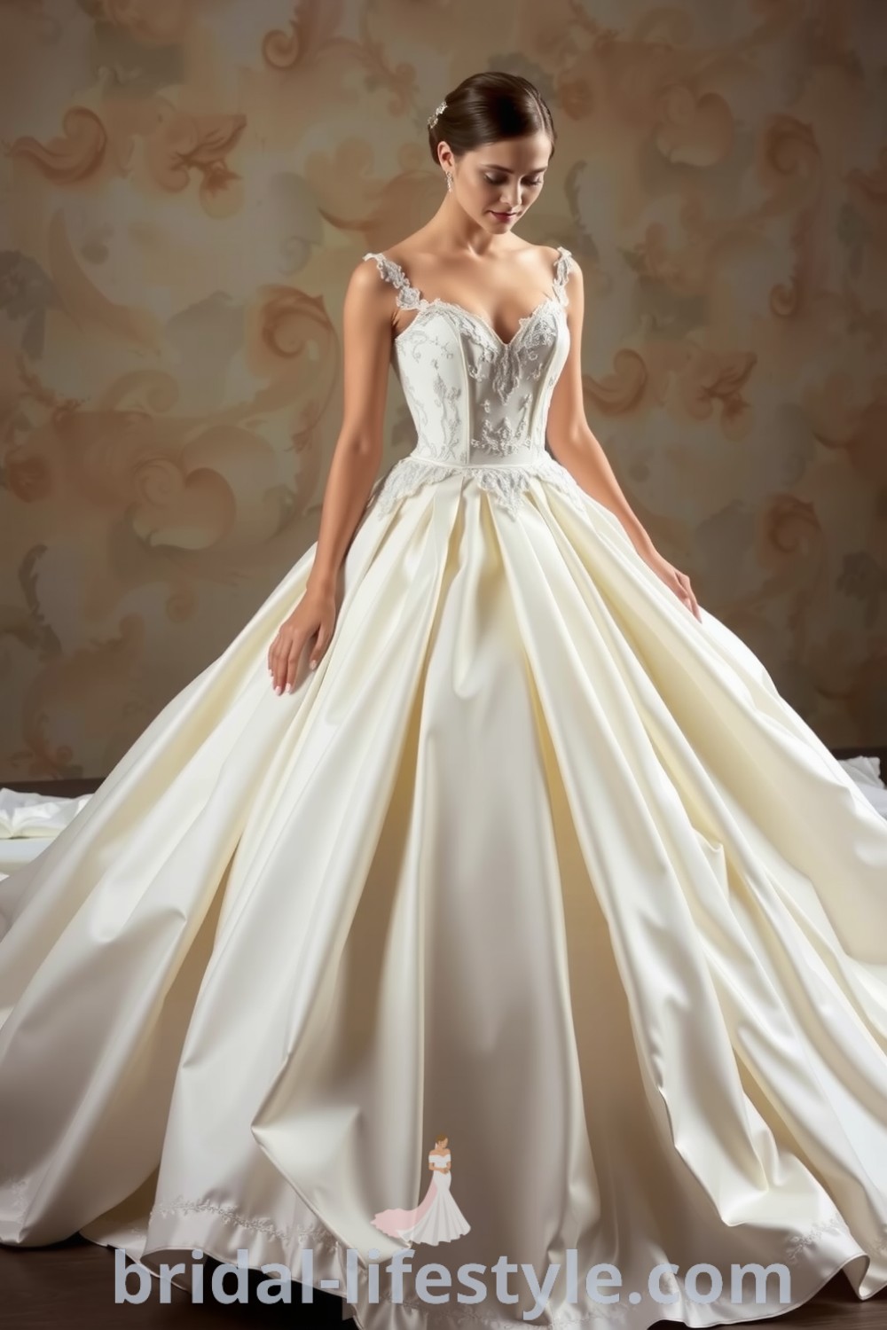 Elegant princess wedding dress featuring a sweetheart neckline, intricate lace appliqués, and a voluminous satin skirt, perfect for dreamy brides seeking inspiration for their special day. bridal-lifestyle.com