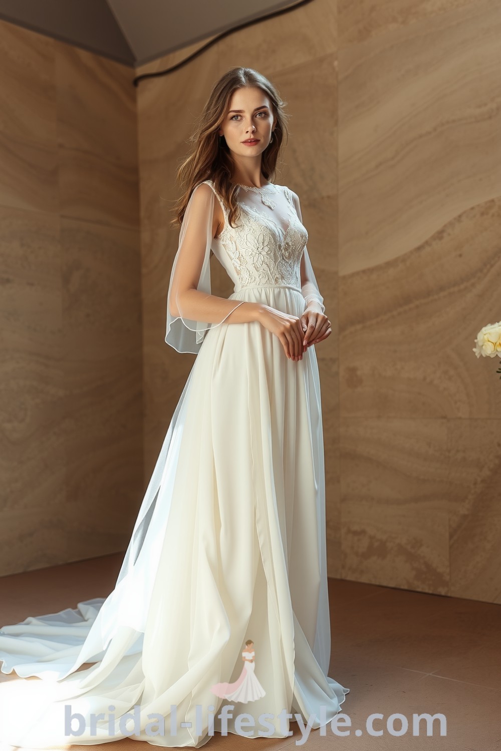 Elegant boho wedding dress with intricate floral embroidery, flowing sleeves, and delicate chiffon layers for dreamy brides. bridal-lifestyle.com