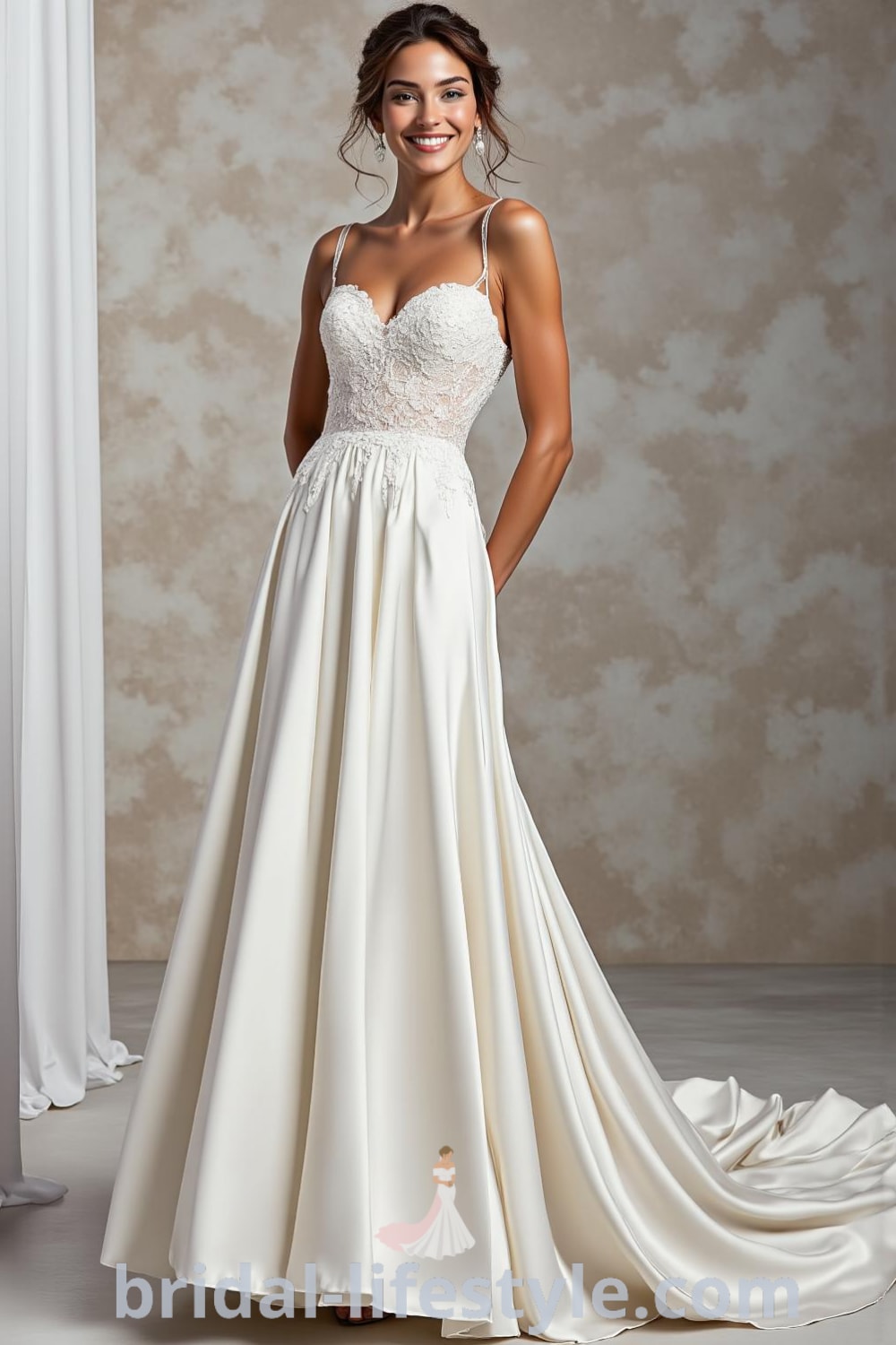 A-Line wedding dress with sweetheart neckline, draped satin skirt, lace bodice, and floral appliqués, featuring soft sheer straps for support. bridal-lifestyle.com