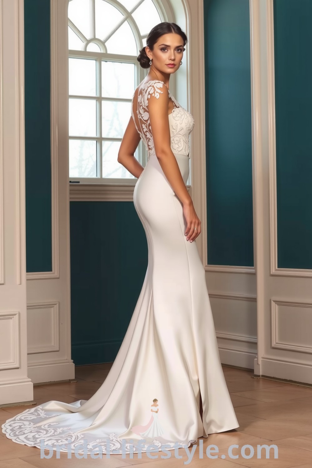 Fit and flare wedding dress made of luxurious satin, featuring a thigh-high slit and intricate lace appliqué from the sweetheart neckline, showcasing elegance and style. bridal-lifestyle.com