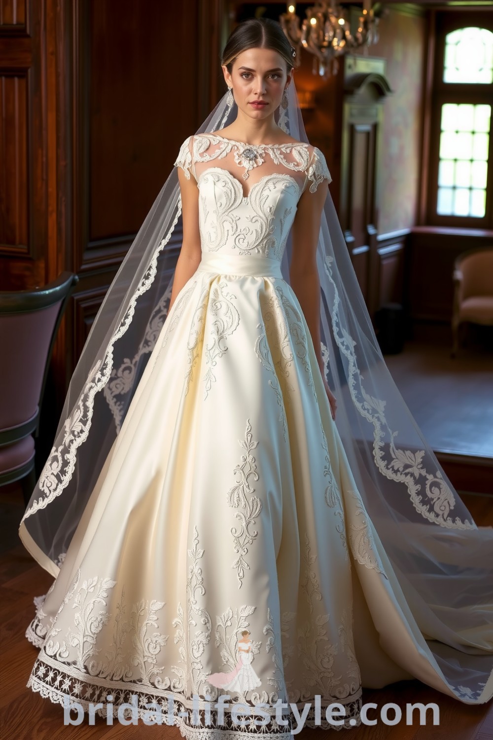 Vintage lace wedding dress with a fitted bodice, flowing A-line skirt, delicate cap sleeves, and satin layers, exuding timeless elegance. bridal-lifestyle.com