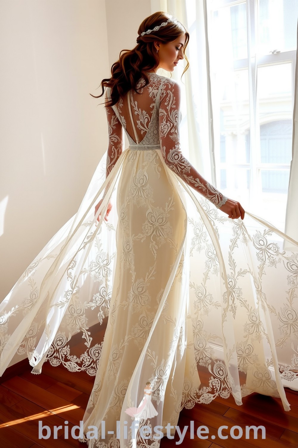 Boho long sleeve lace wedding dress with intricate lace patterns, lightly flared skirt, and dappled sunlight reflecting off the fabric. bridal-lifestyle.com