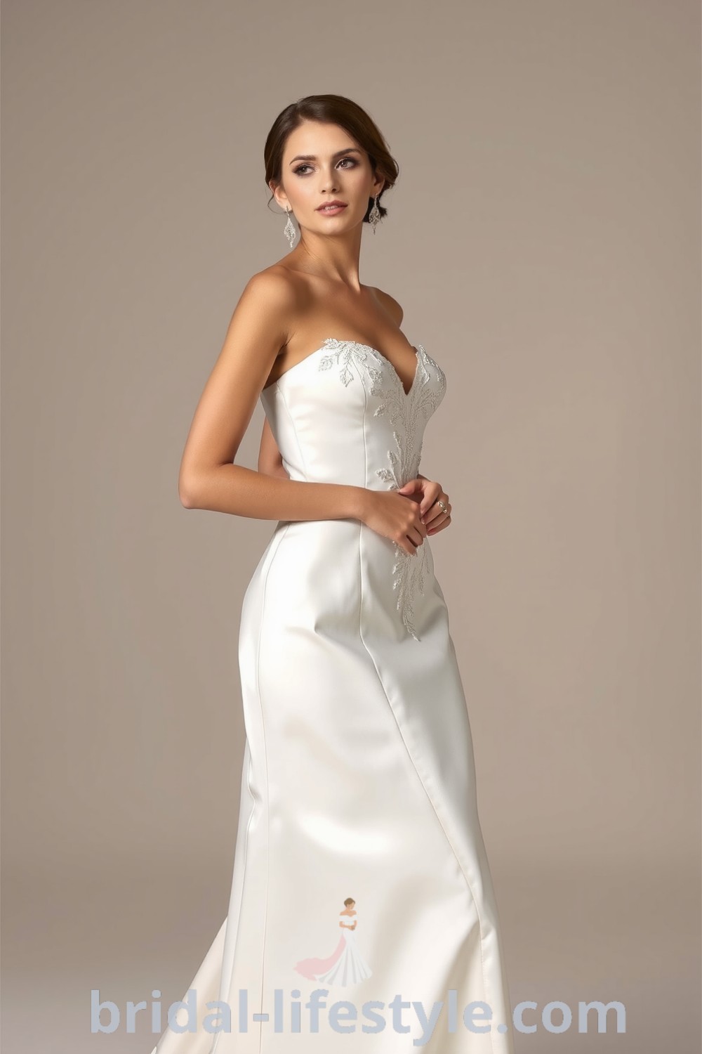 Elegant fit and flare satin wedding dress with a sweetheart neckline and lace appliqués, perfect for brides seeking timeless beauty and inspiration for their special day. bridal-lifestyle.com