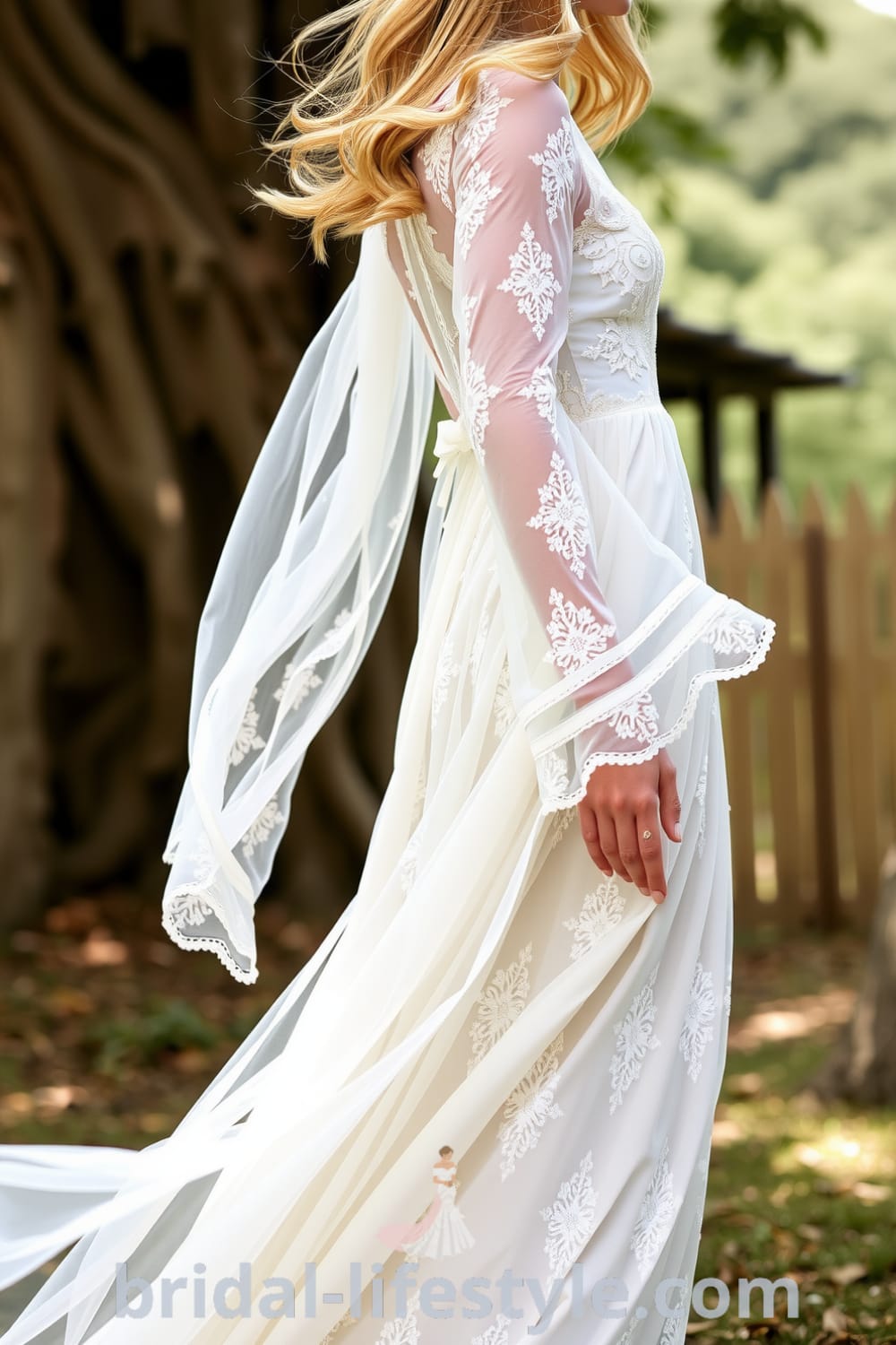 Boho long sleeve wedding dress with intricate lace overlays, flowing sleeves, and soft patterns, designed for outdoor celebrations. bridal-lifestyle.com