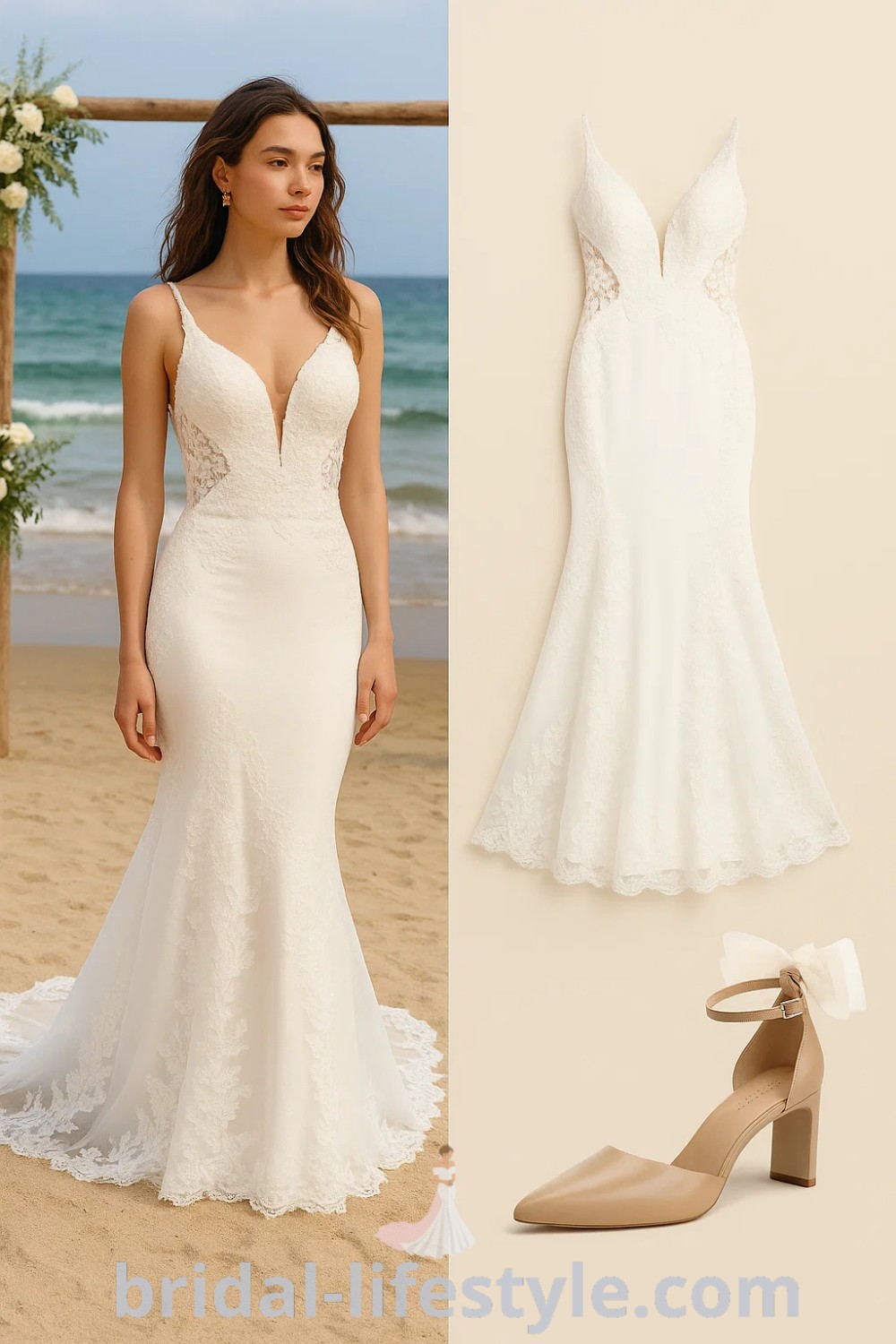 fit-and-flare wedding dress in white with lace details, paired with nude heels and simple earrings for a romantic bridal look, ideal for beach or rustic weddings on pinshoesoutfits.com