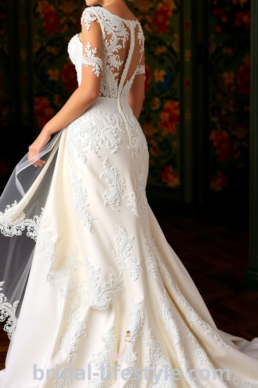 A fit and flare wedding dress with intricate beaded lace, satin lining, and a romantic silhouette, capturing timeless beauty. bridal-lifestyle.com