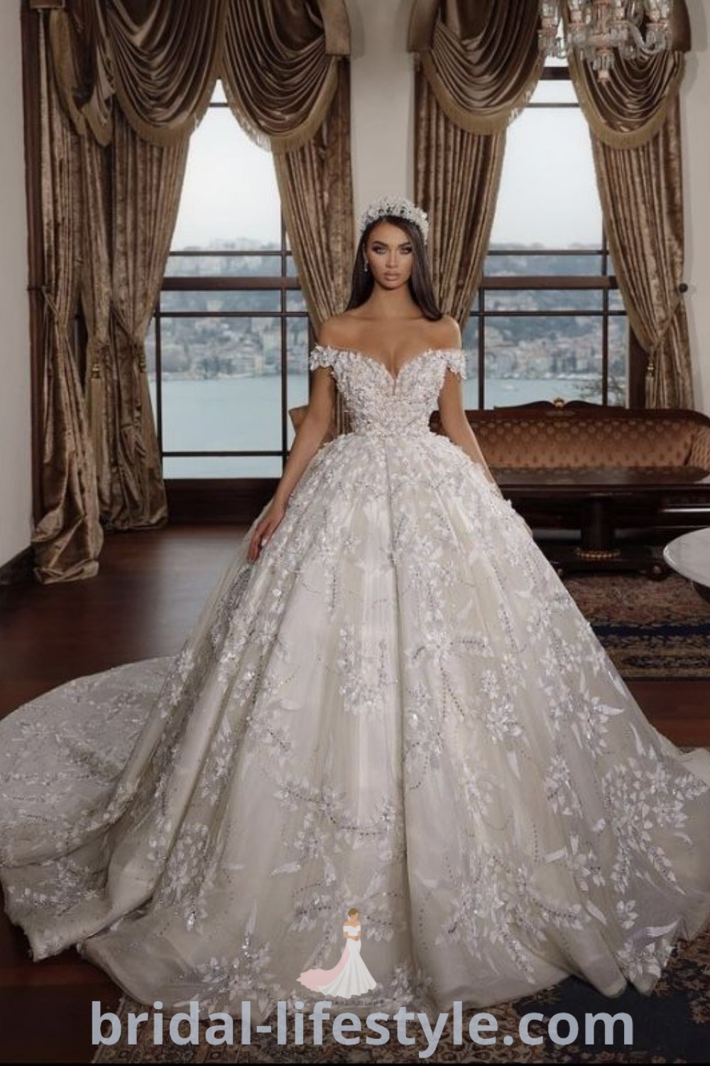 An elegant wedding dress featuring a corset top and off-shoulder lace, embodying a romantic and dreamy aesthetic for every bride