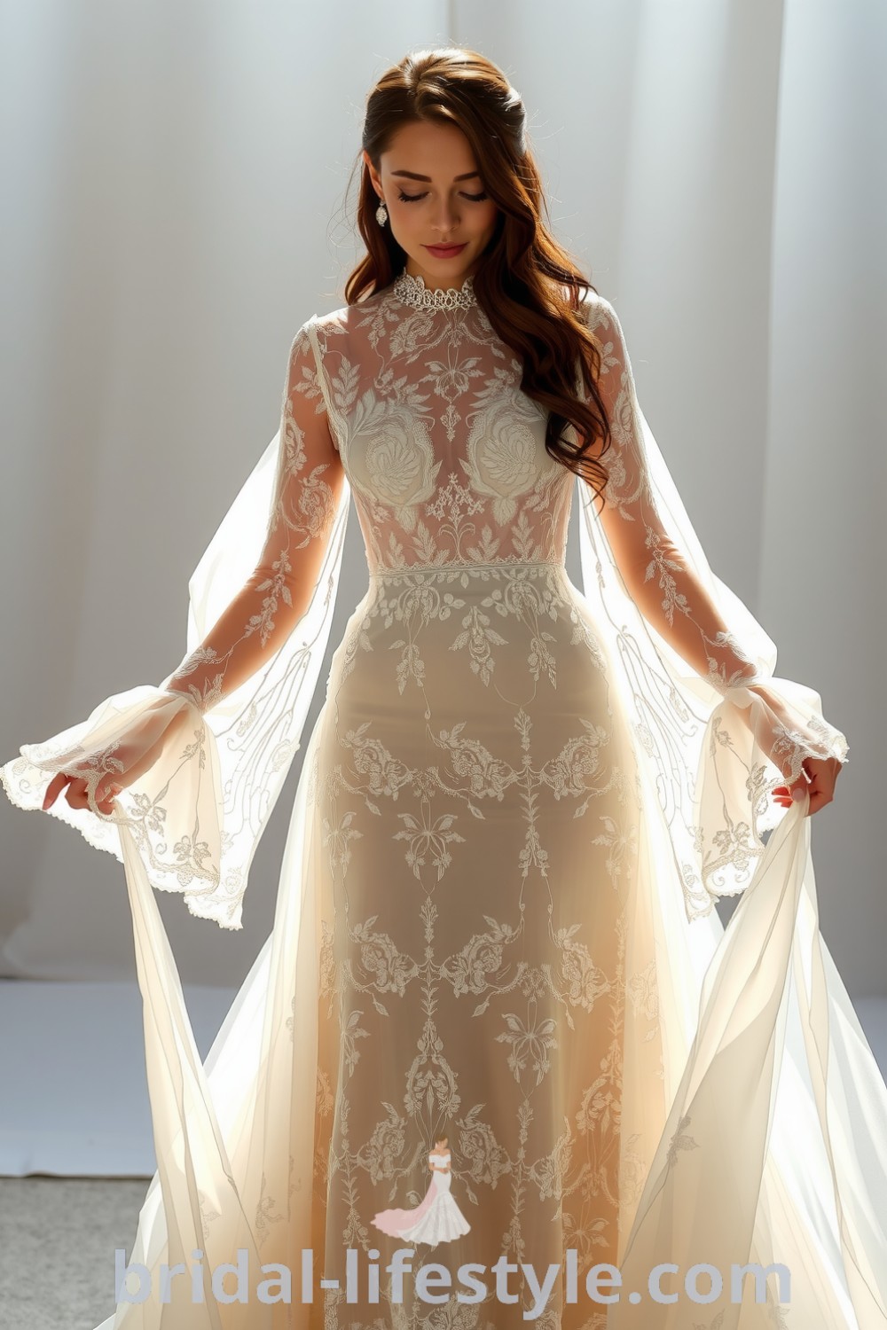 Long sleeve lace wedding dress featuring intricate lace detailing, a high neckline, flowing skirt, and soft translucent sleeves with floral patterns. bridal-lifestyle.com