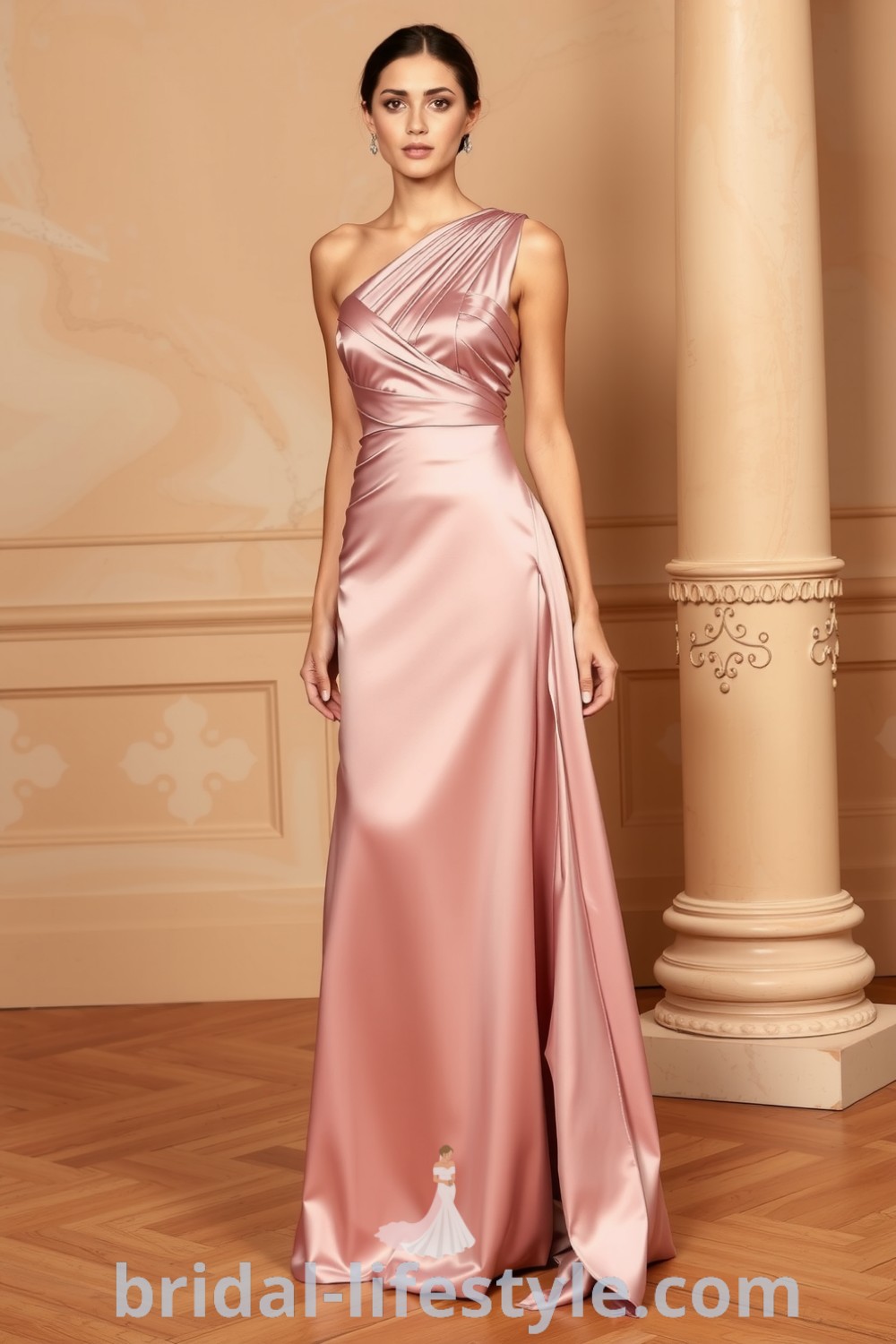 One-shoulder bridesmaid dress in luxurious satin with a flowing side slit skirt and subtle pleats, perfect for elegant weddings and formal events. bridal-lifestyle.com